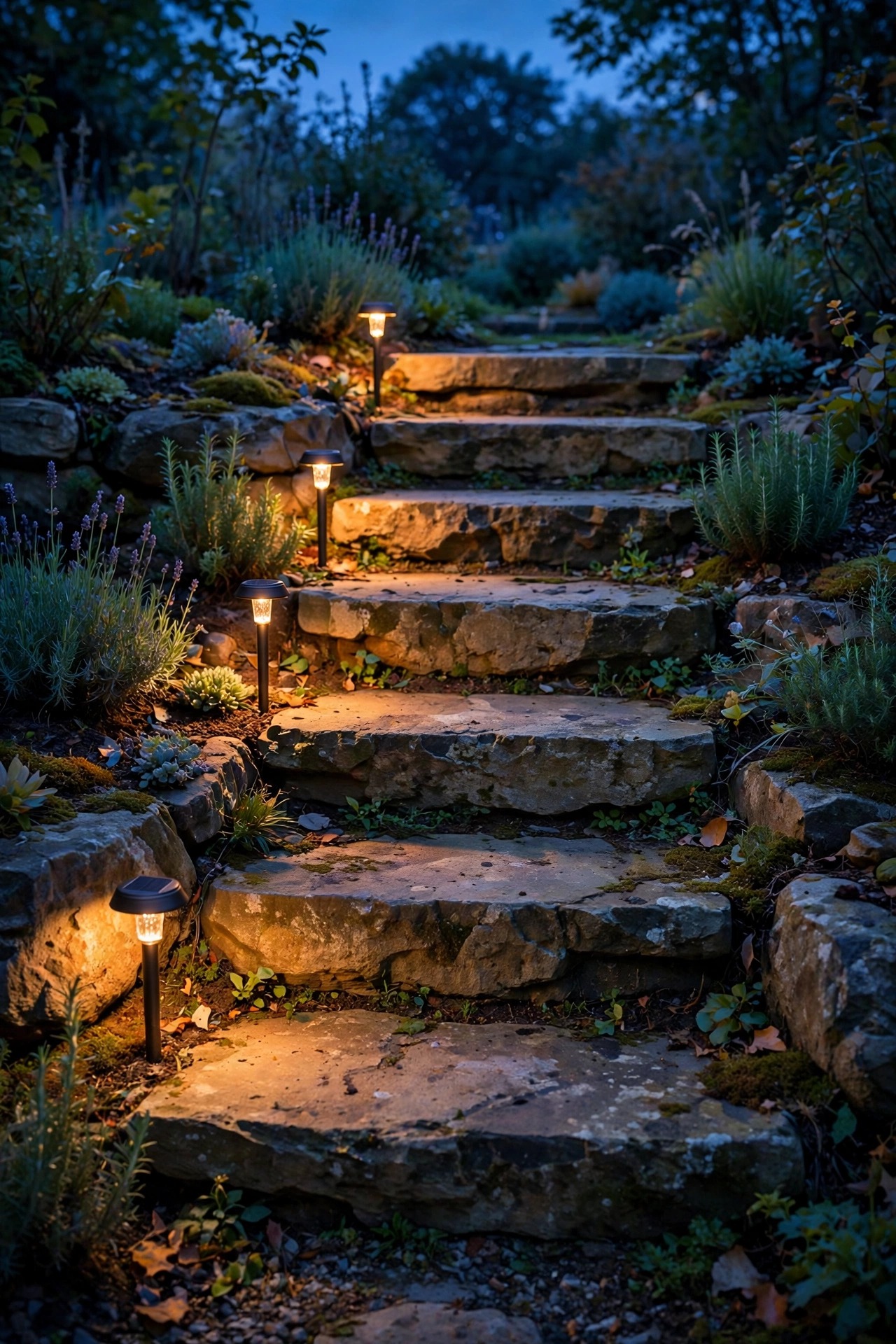 Low solar stake lights tucked against the edges of natural stone garden steps, pooling light on each tread