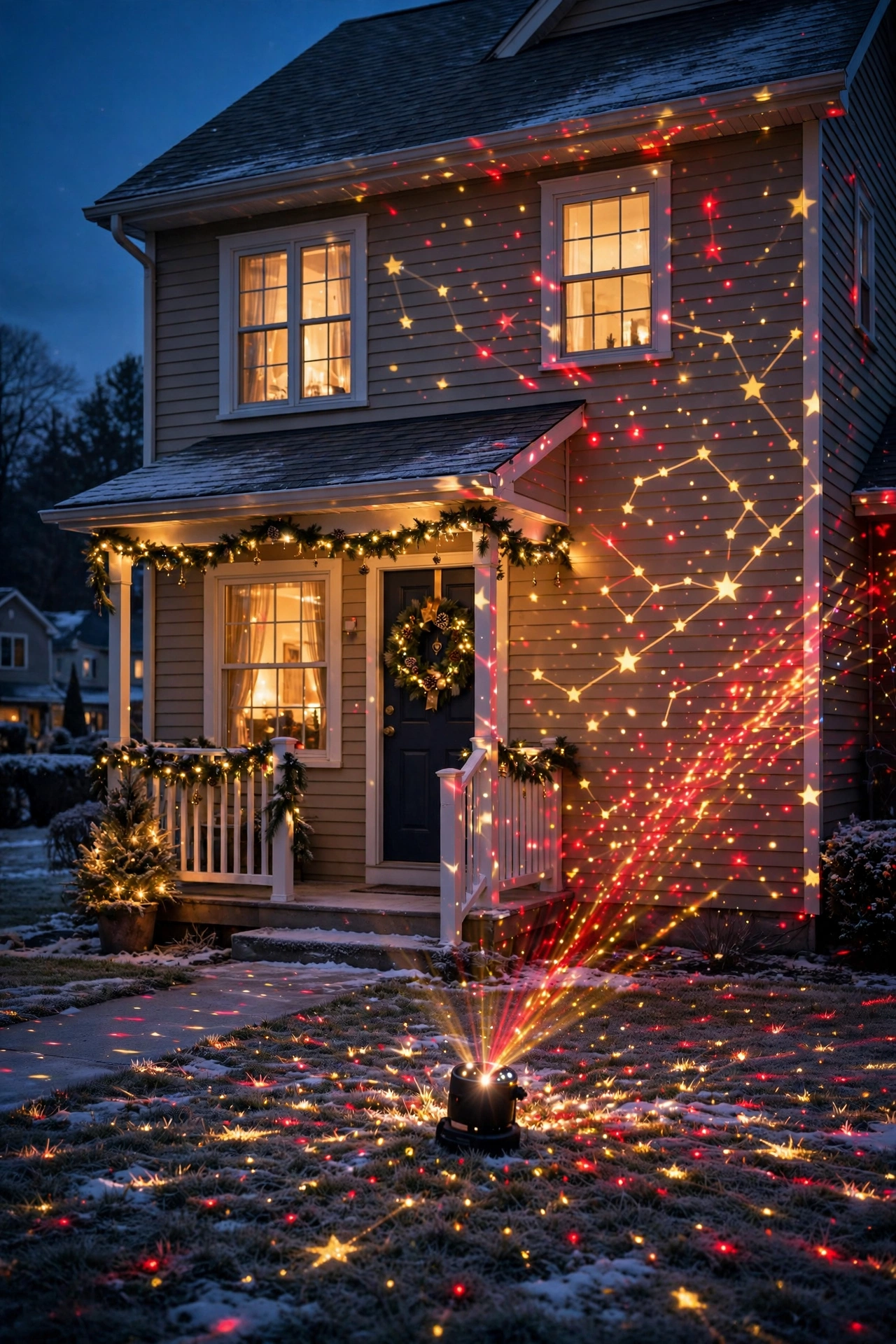 Starry sky projector washing a house with red and gold lights on New Year's Eve