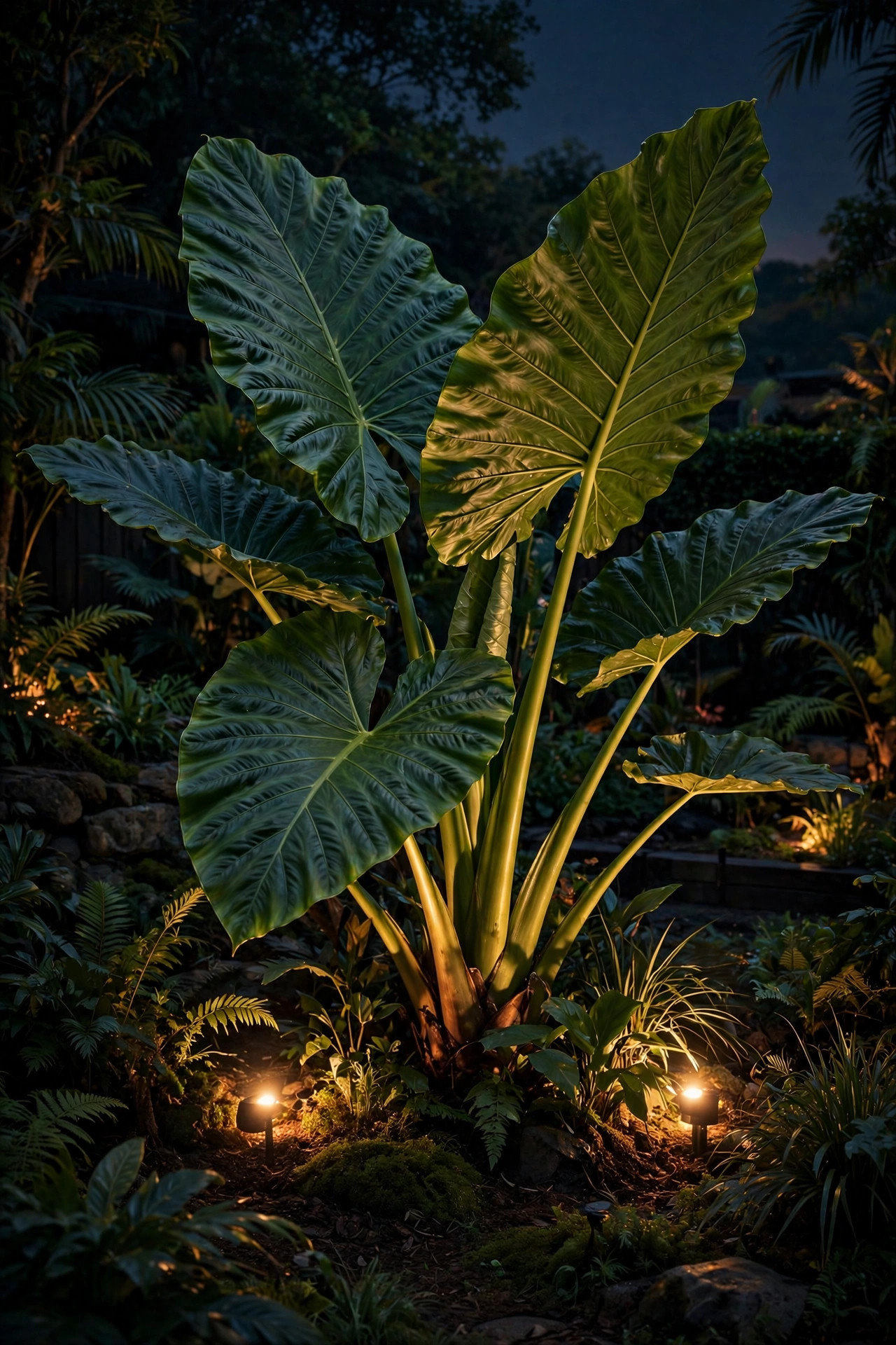 A large tropical statement plant with broad leaves dramatically spotlit at night in a dark lush backyard garden