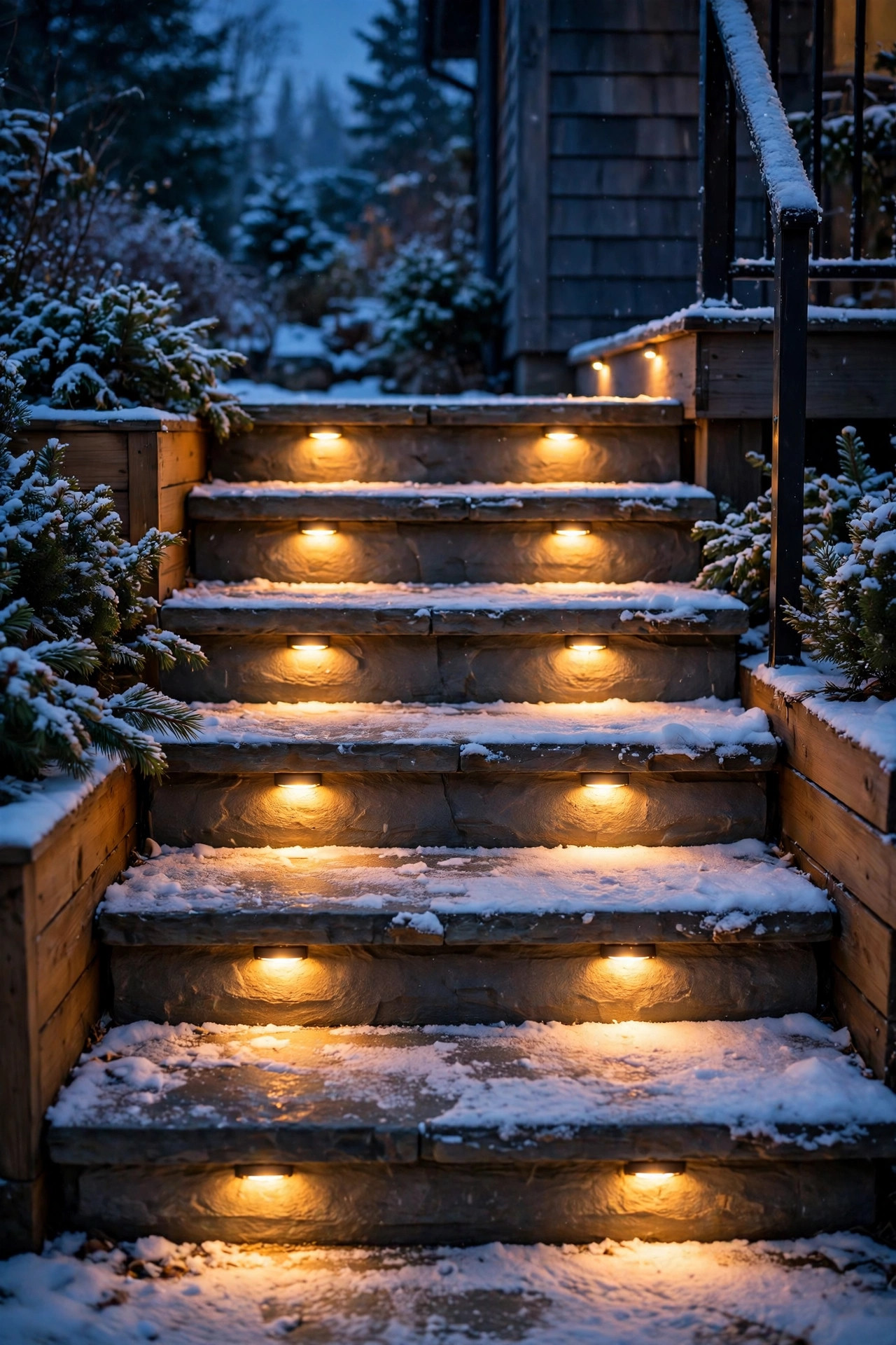 Low warm step lights marking the edge of snow-dusted patio steps on a winter evening