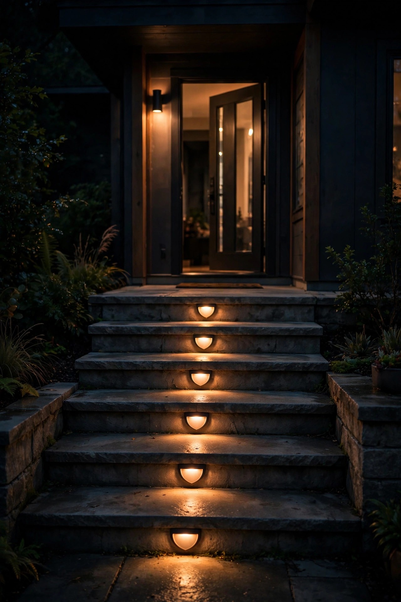 Porch steps at night with low shielded step lights glowing on each tread leading up to a lit doorway