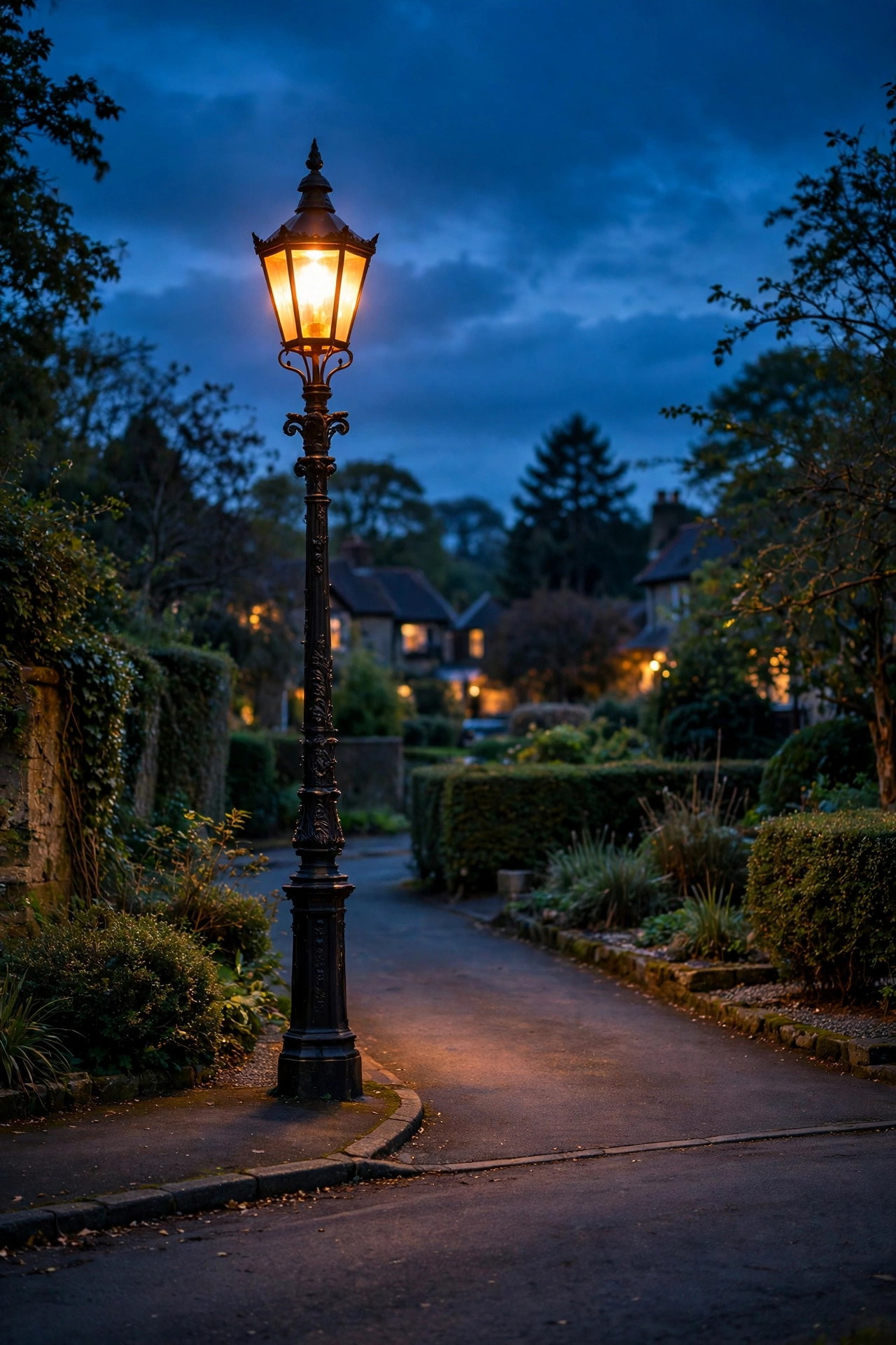 Tall Victorian lamppost with a warm glowing lantern head where a driveway meets the street at dusk