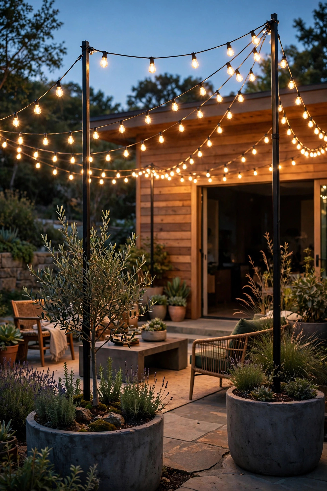 Freestanding string light poles in planted pots holding a warm canopy of bulbs over the open arm of a patio at dusk
