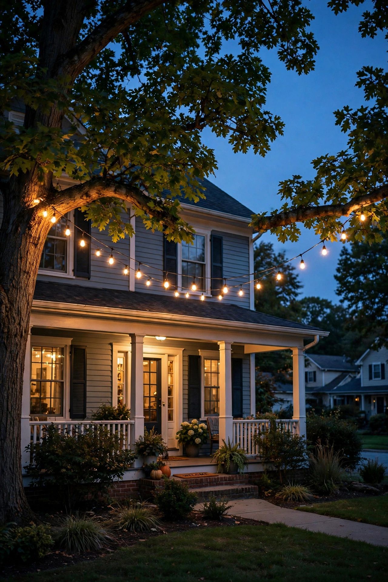 Warm string lights swagged from a front yard tree branch to the porch roofline at dusk