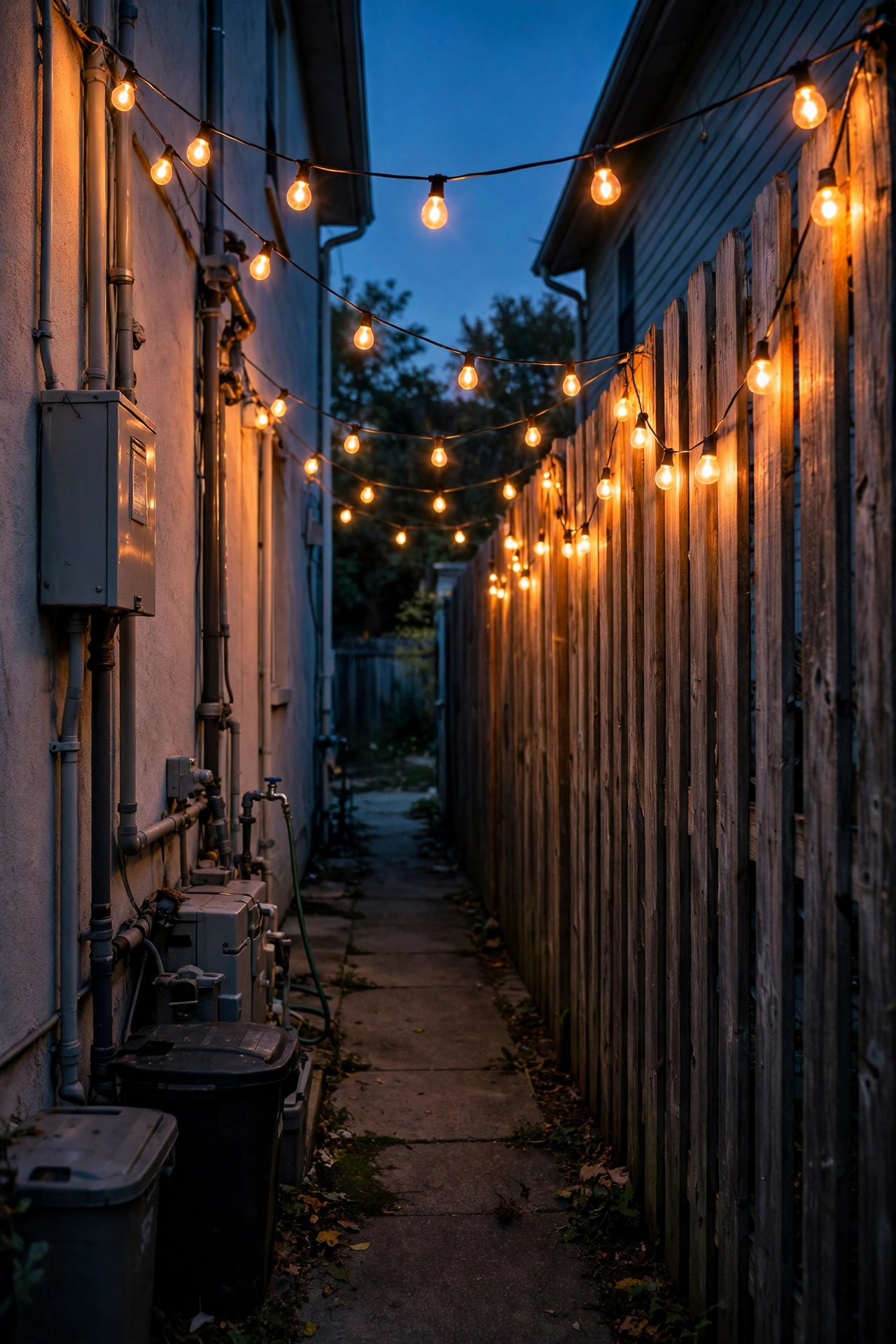 Warm string lights swagged along a fence above a utility side yard passage at dusk