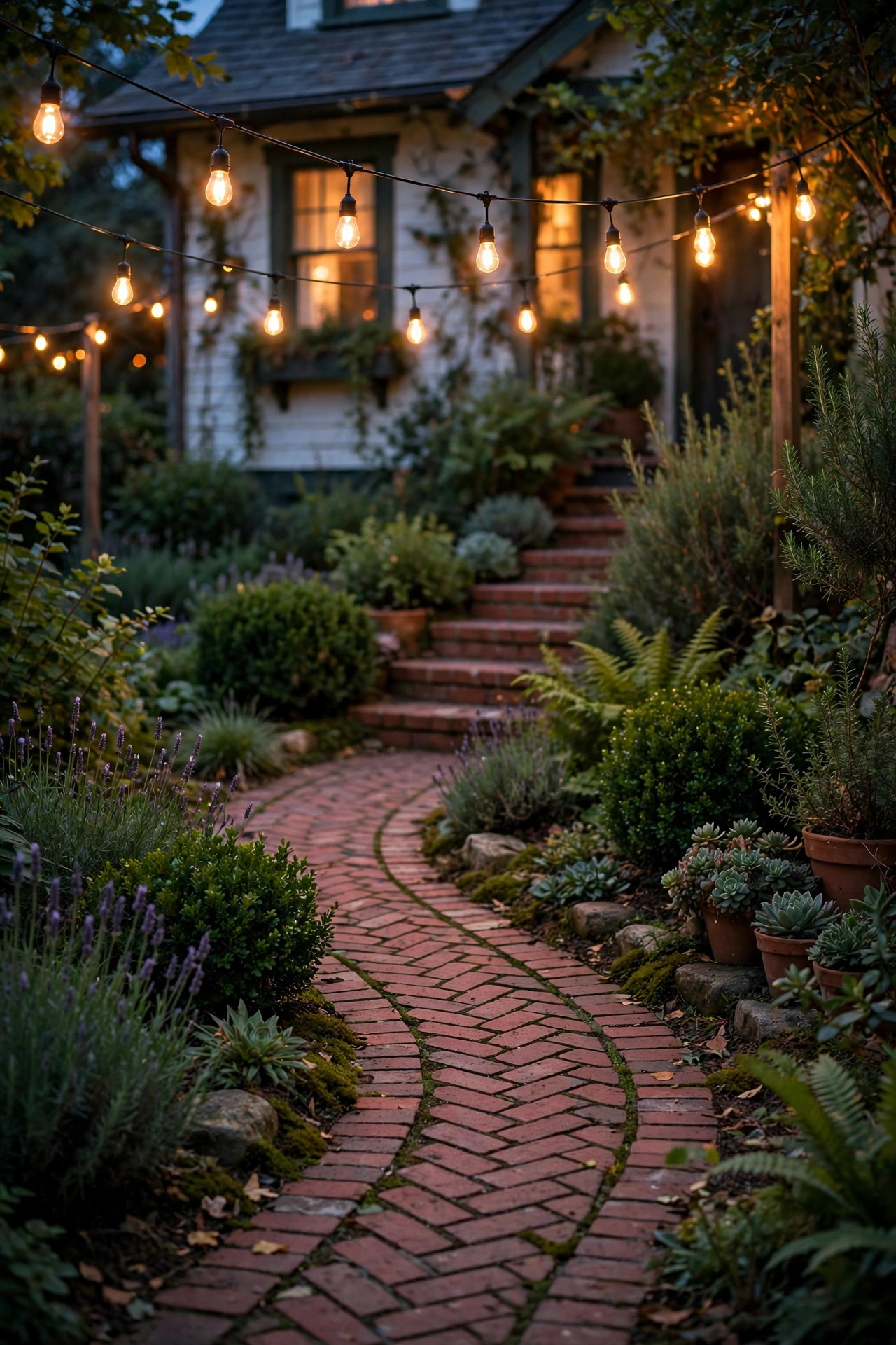 Warm string lights strung above a winding brick garden path in the evening
