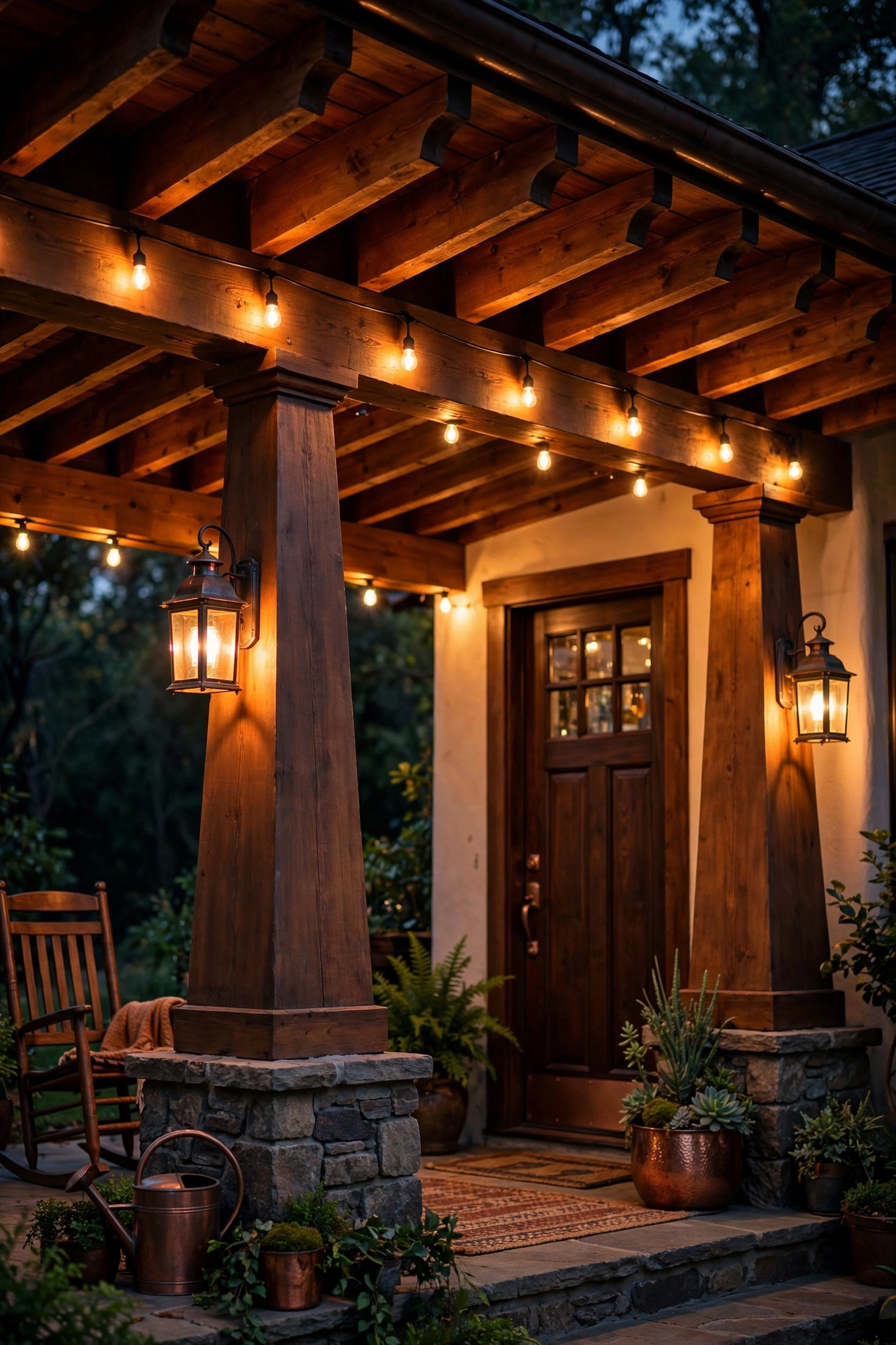 Warm string lights tucked under the deep eave of a craftsman bungalow porch glowing at night