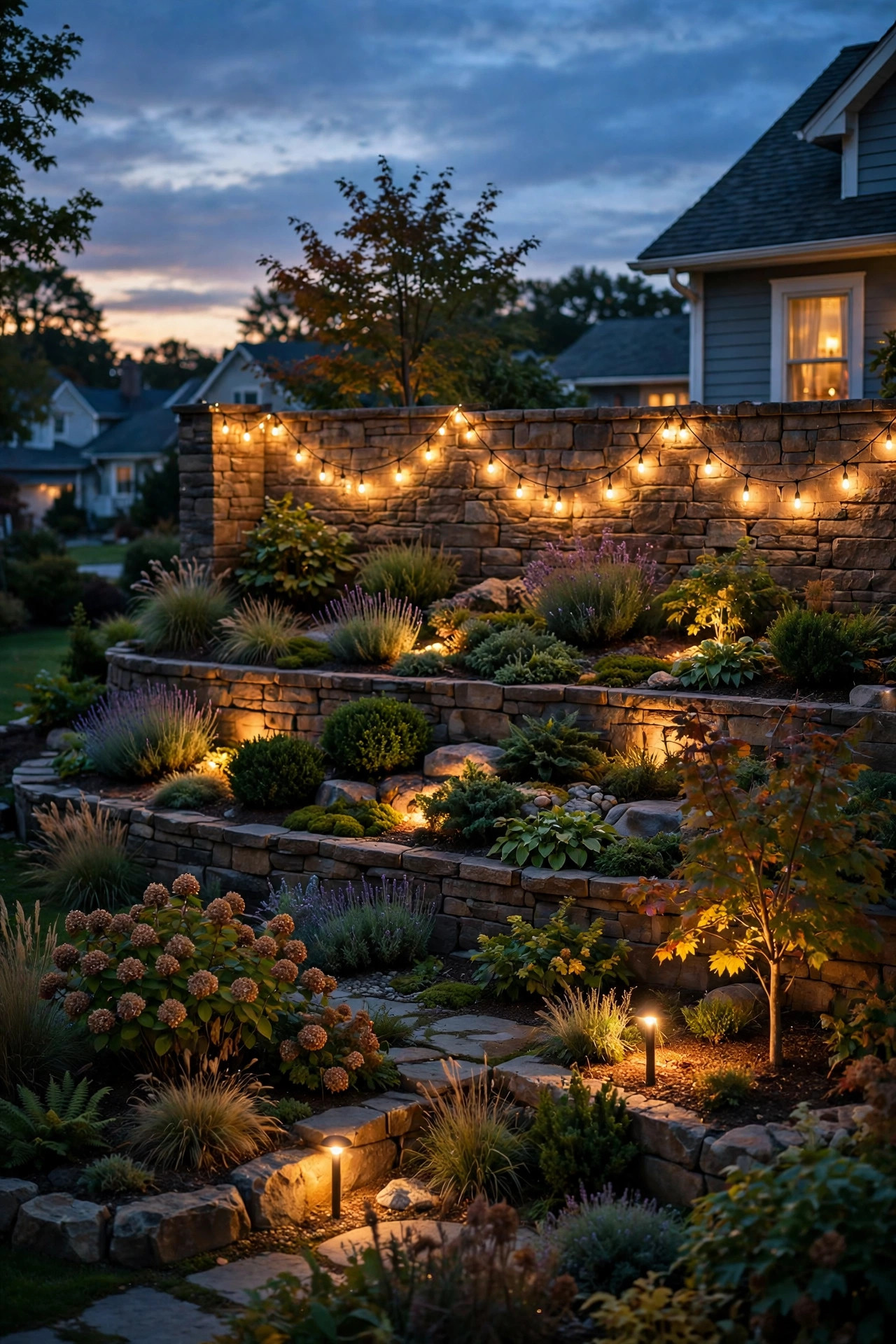Warm string lights hanging in soft swags along the top terrace retaining wall above glowing garden tiers