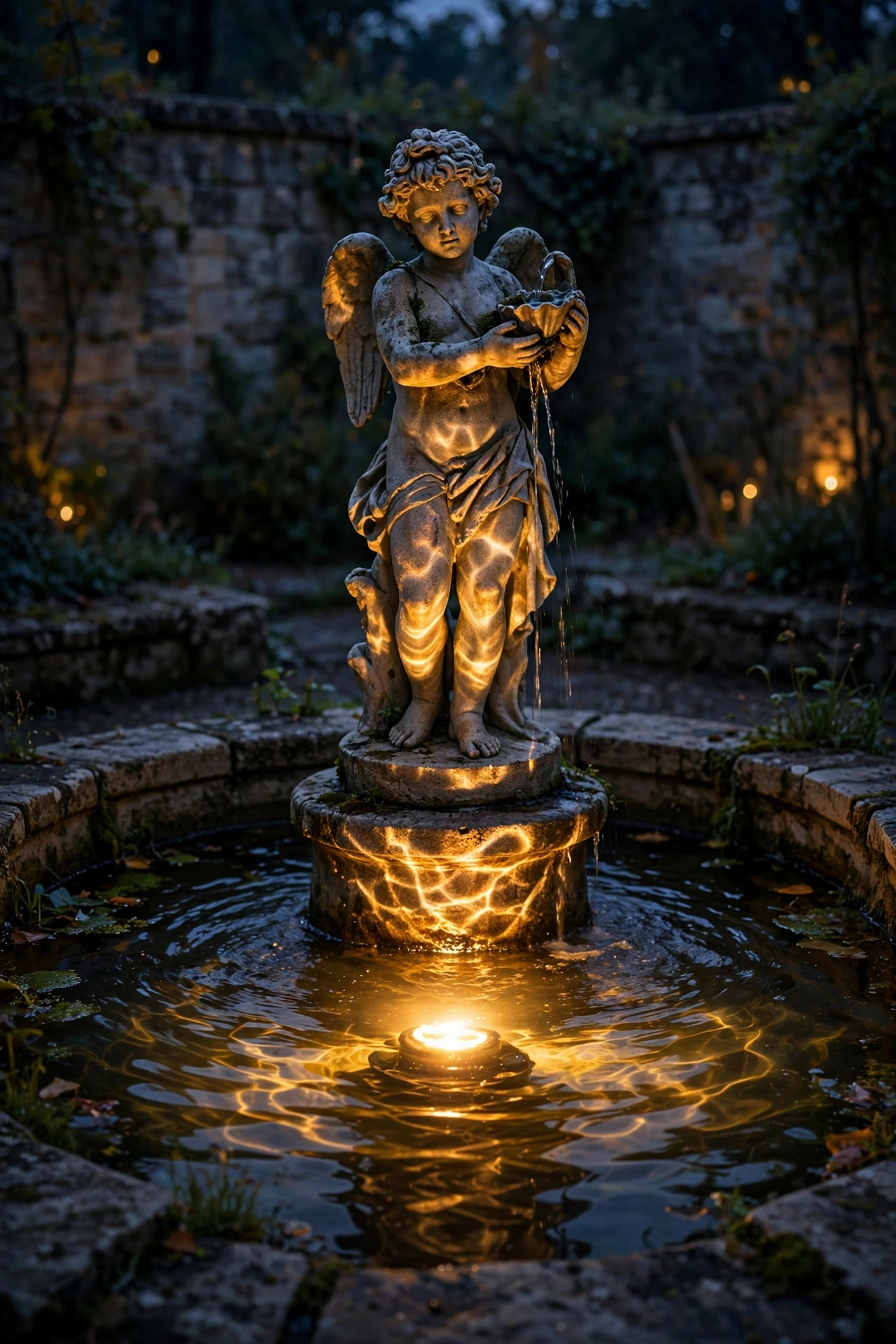 Submersible warm light in a fountain basin casting rippling reflections up a stone statue at night