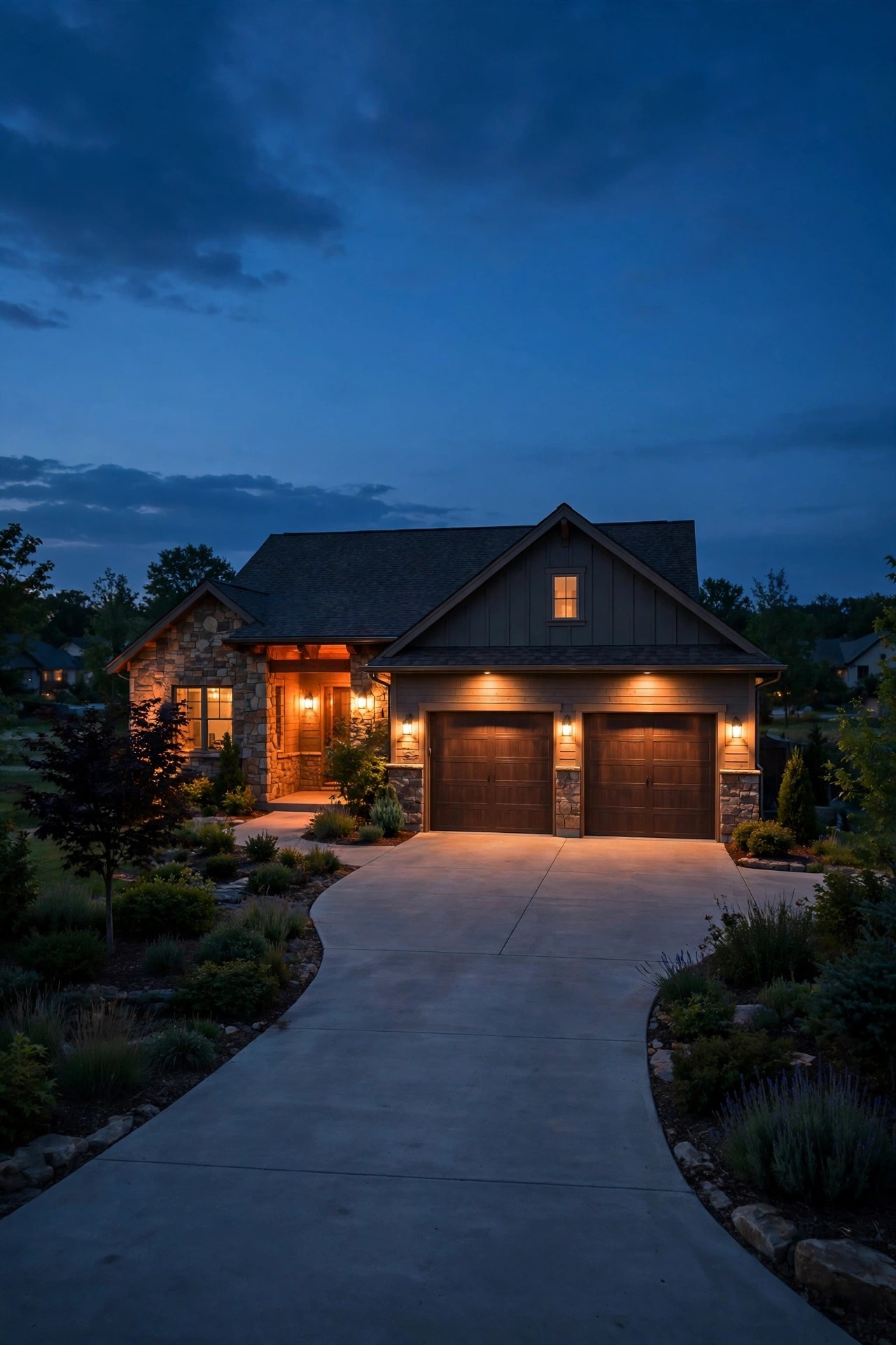 Driveway and garage lights glowing at a low calm level under a deep blue sunset sky