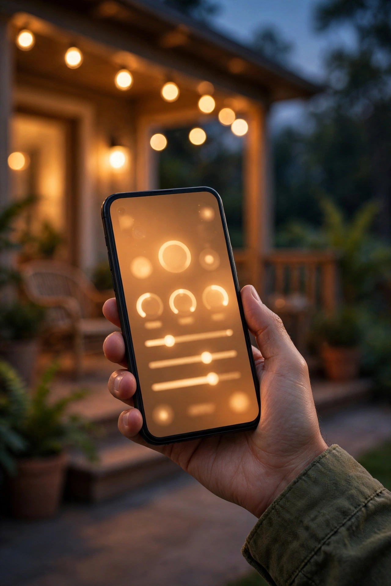 Phone app showing a sunset schedule for outdoor smart bulbs while a warmly lit porch glows in the background at twilight