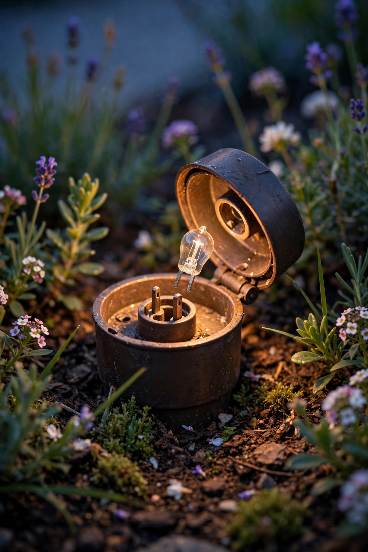 Hands swapping a small two-pin bulb in a landscape path light fixture in a flower bed at dusk