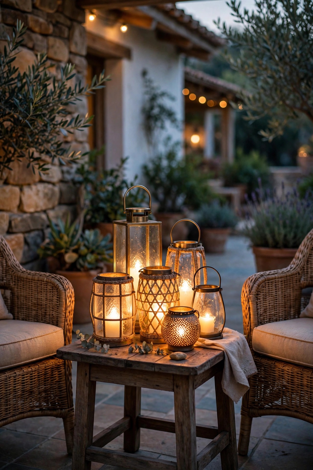 Cluster of warm flameless lanterns on a side table between two chairs on a guest house patio