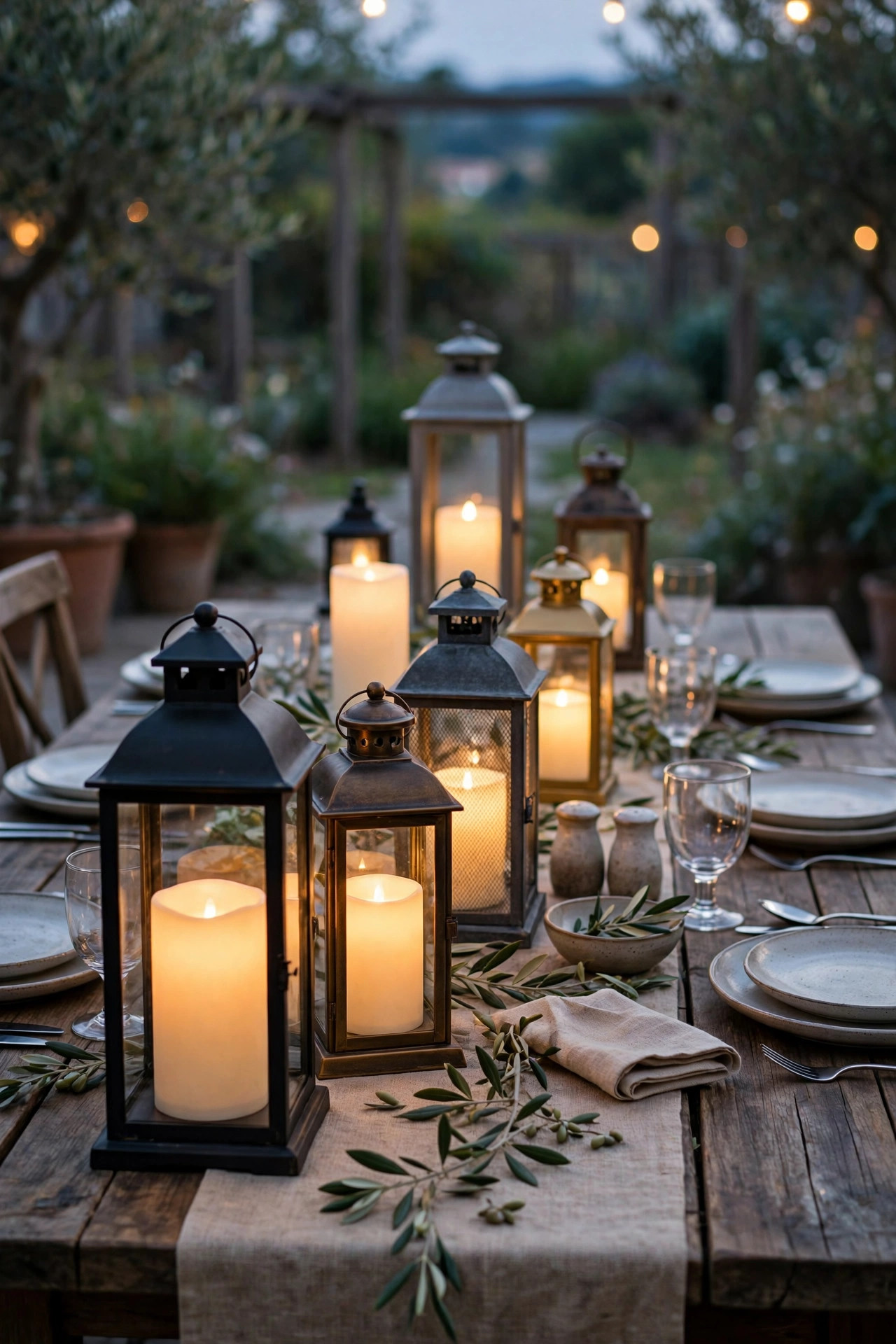 Flameless candle lanterns of mixed heights glowing down the center of an outdoor dining table