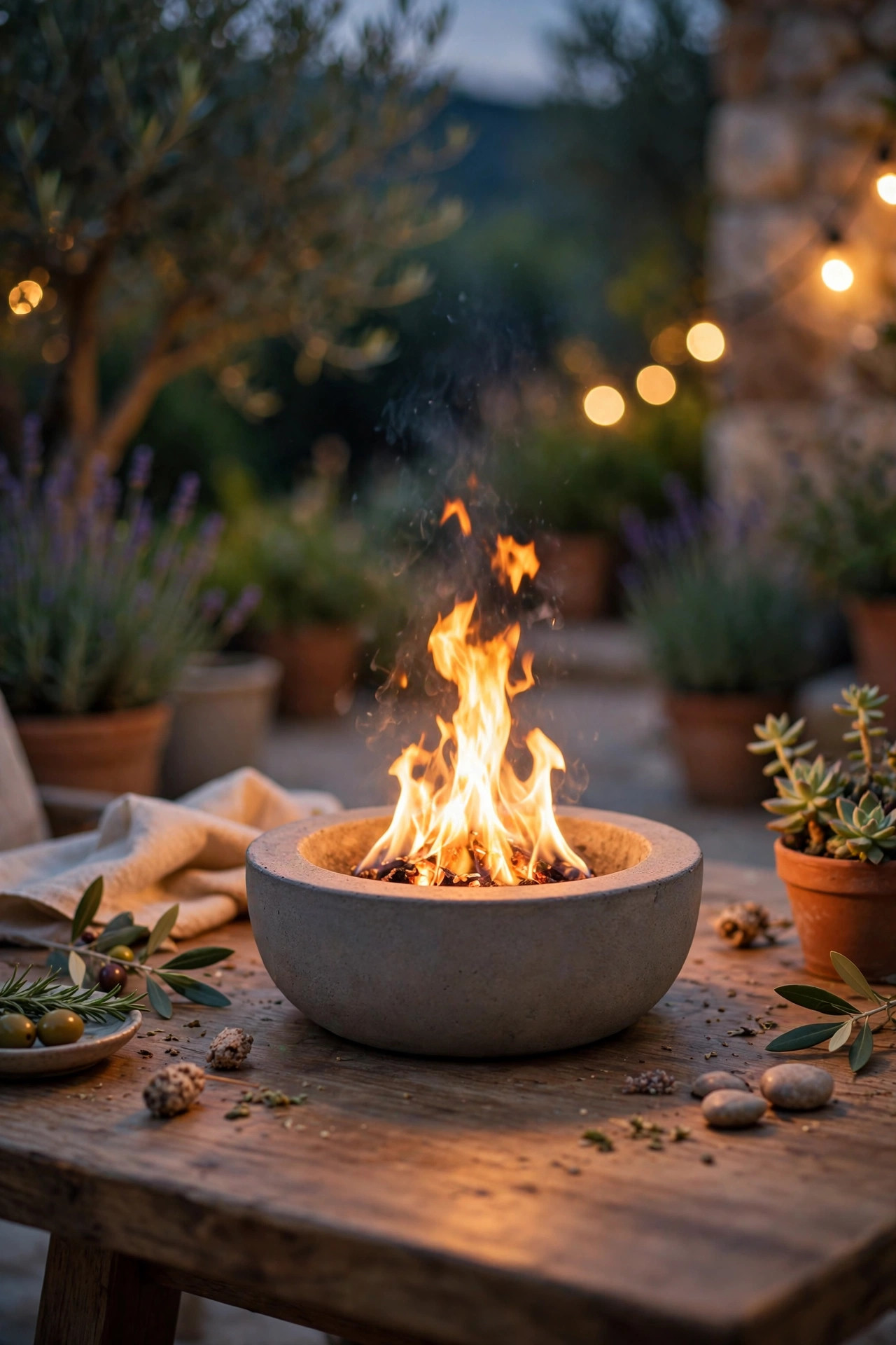 Small tabletop fire bowl with a real flame glowing at the center of a romantic patio table