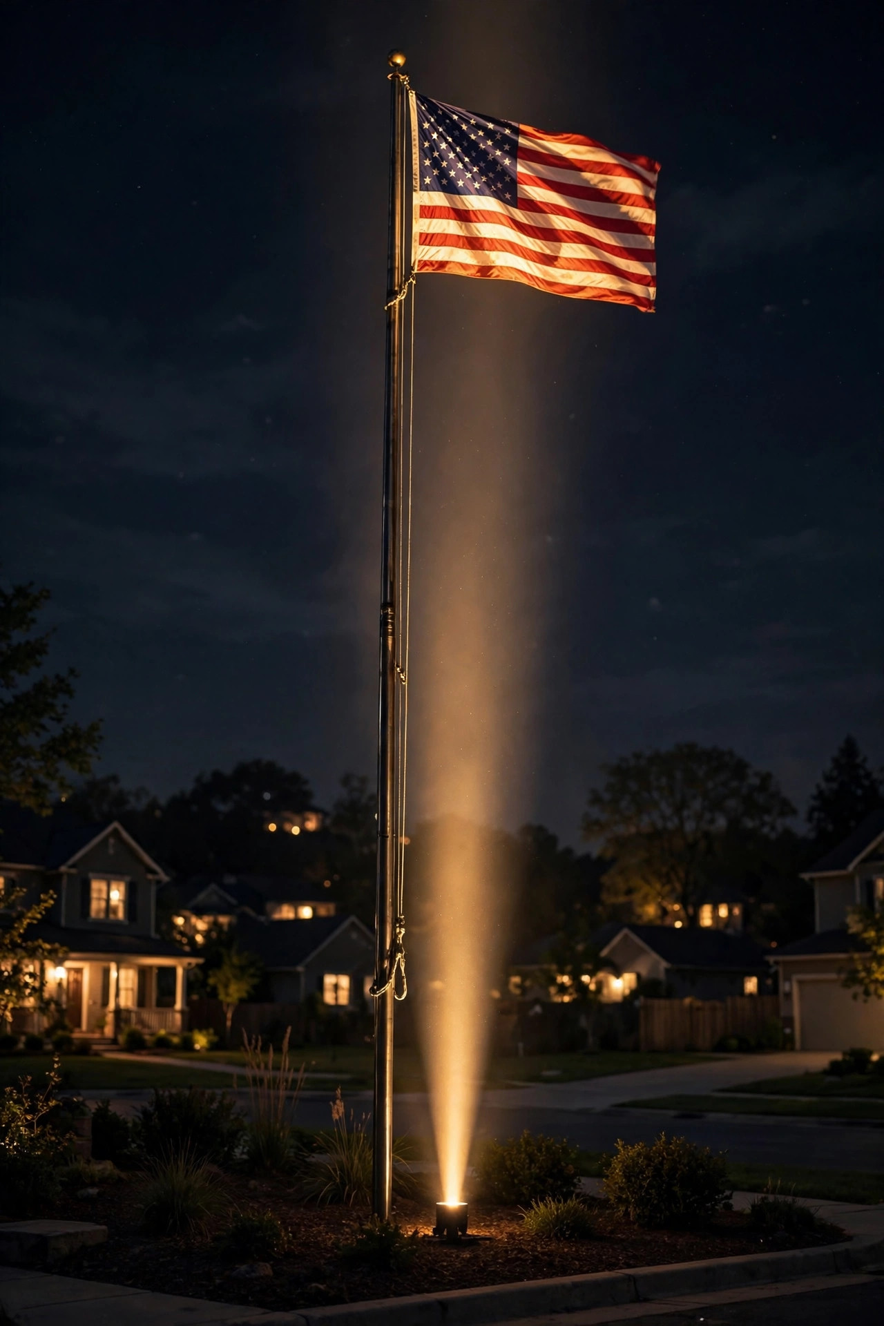 Tall 30-foot flagpole at night with a focused narrow beam of warm light reaching the American flag at the top