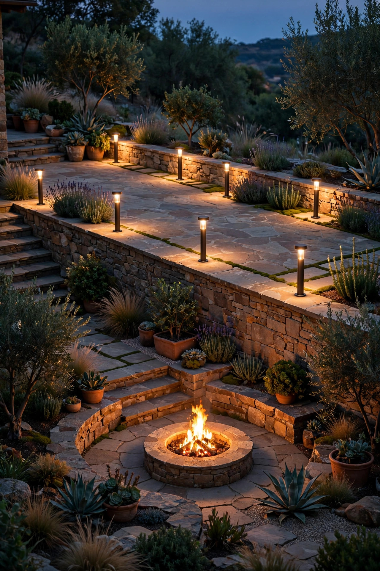 Short bollard lights marking the edge and landing of a stone terrace above a fire pit patio