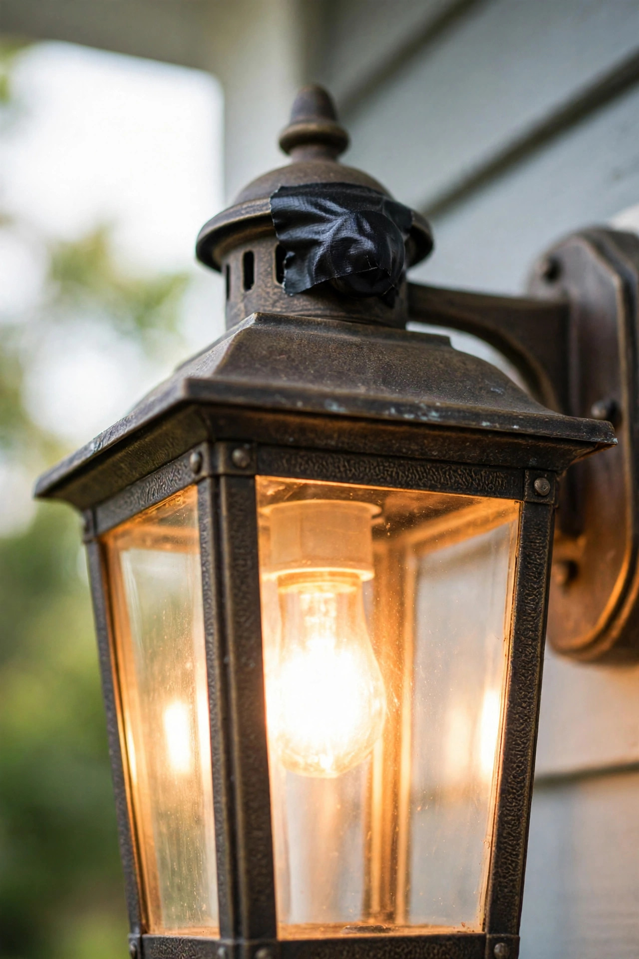 Electrical tape placed over a photocell sensor eye to test a porch light during the day, lantern glowing warmly in daylight