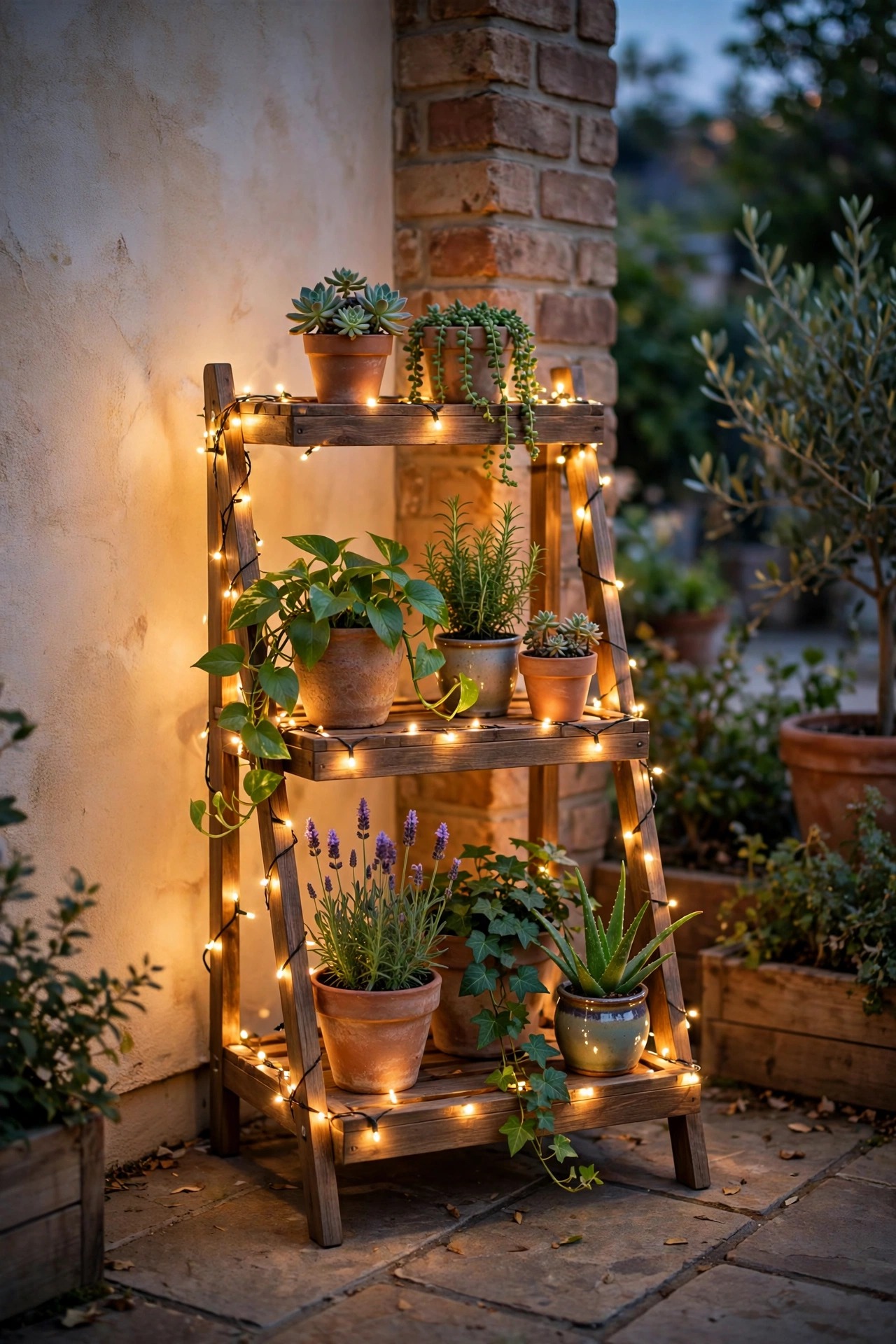 Tiered plant stand on a patio corner wrapped in warm fairy lights with pots on three levels