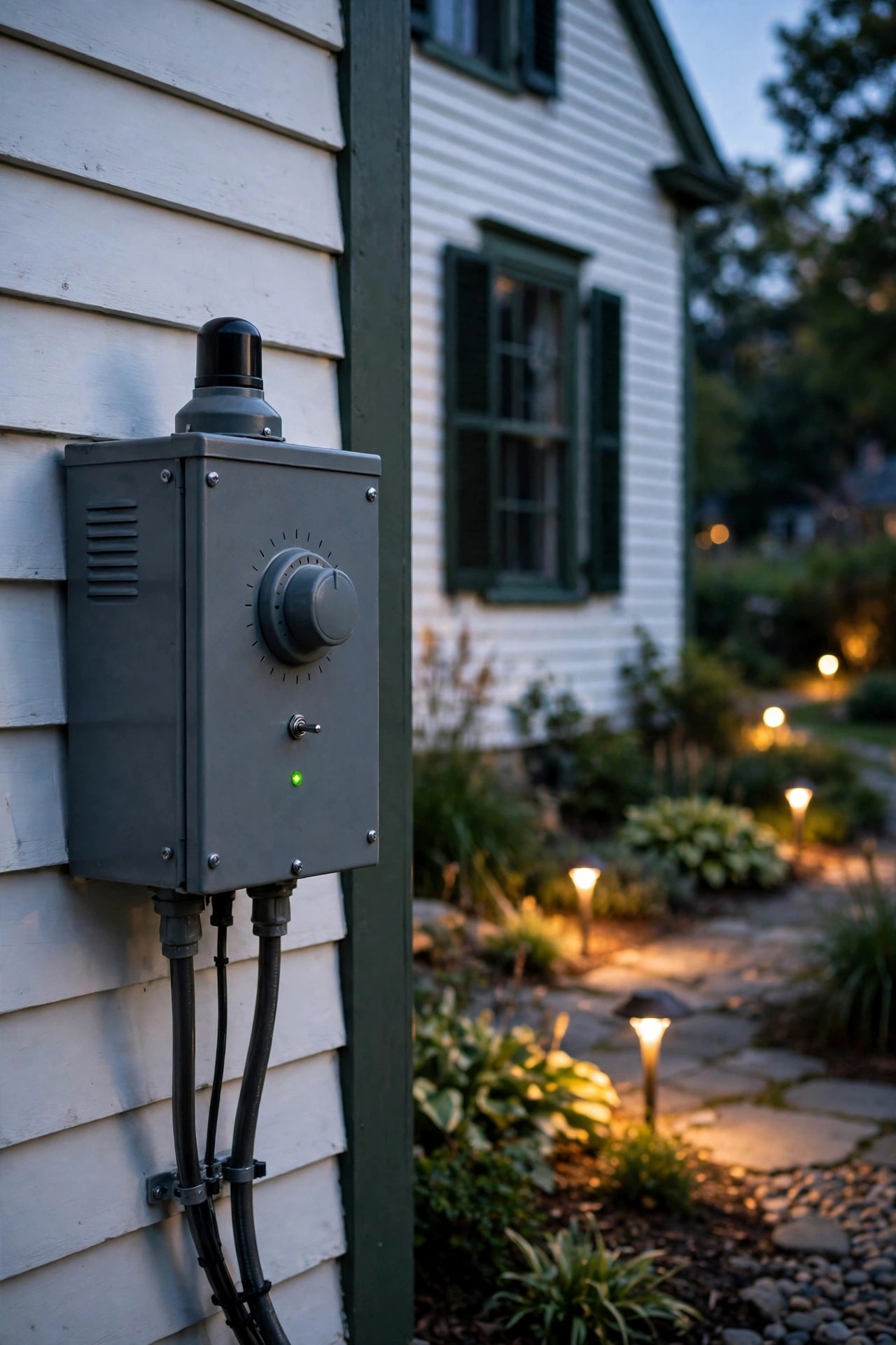 Low-voltage landscape lighting transformer with timer and photocell mounted beside a colonial home at dusk