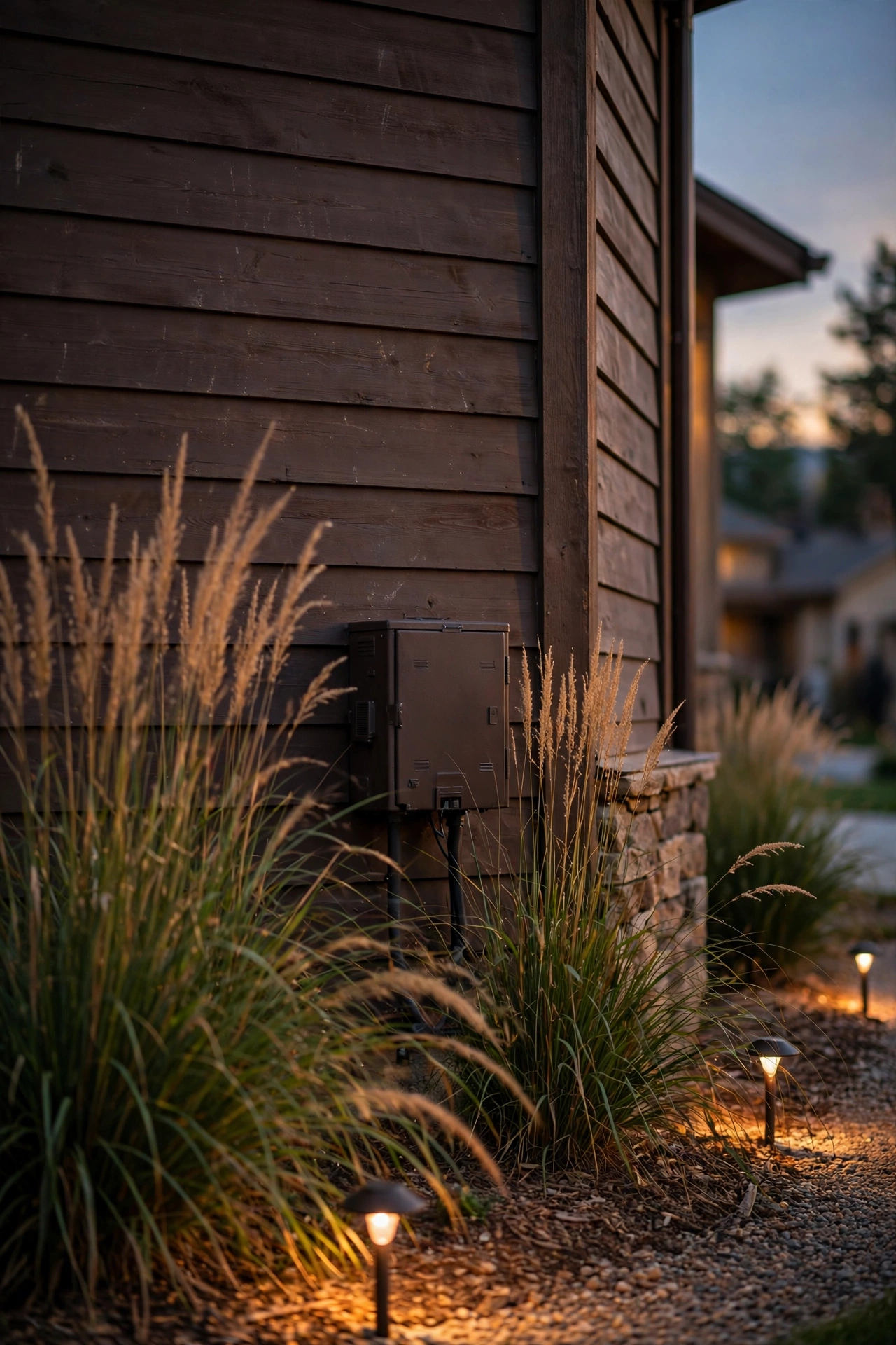 Painted landscape lighting transformer mounted low on a house wall, softened by ornamental grasses, demonstrating transformer camouflage placement