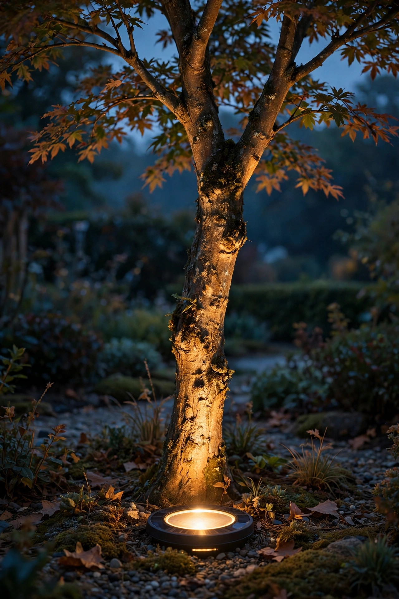 A solar disk light at the base of an ornamental tree grazing warm light up the bark at night