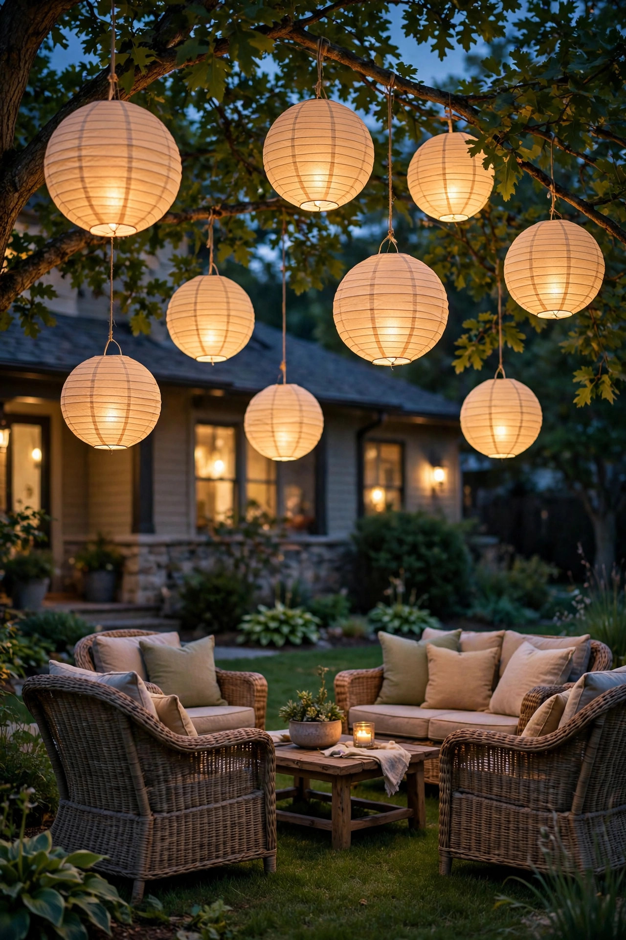 Paper lanterns hanging from tree branches over lawn seating at dusk