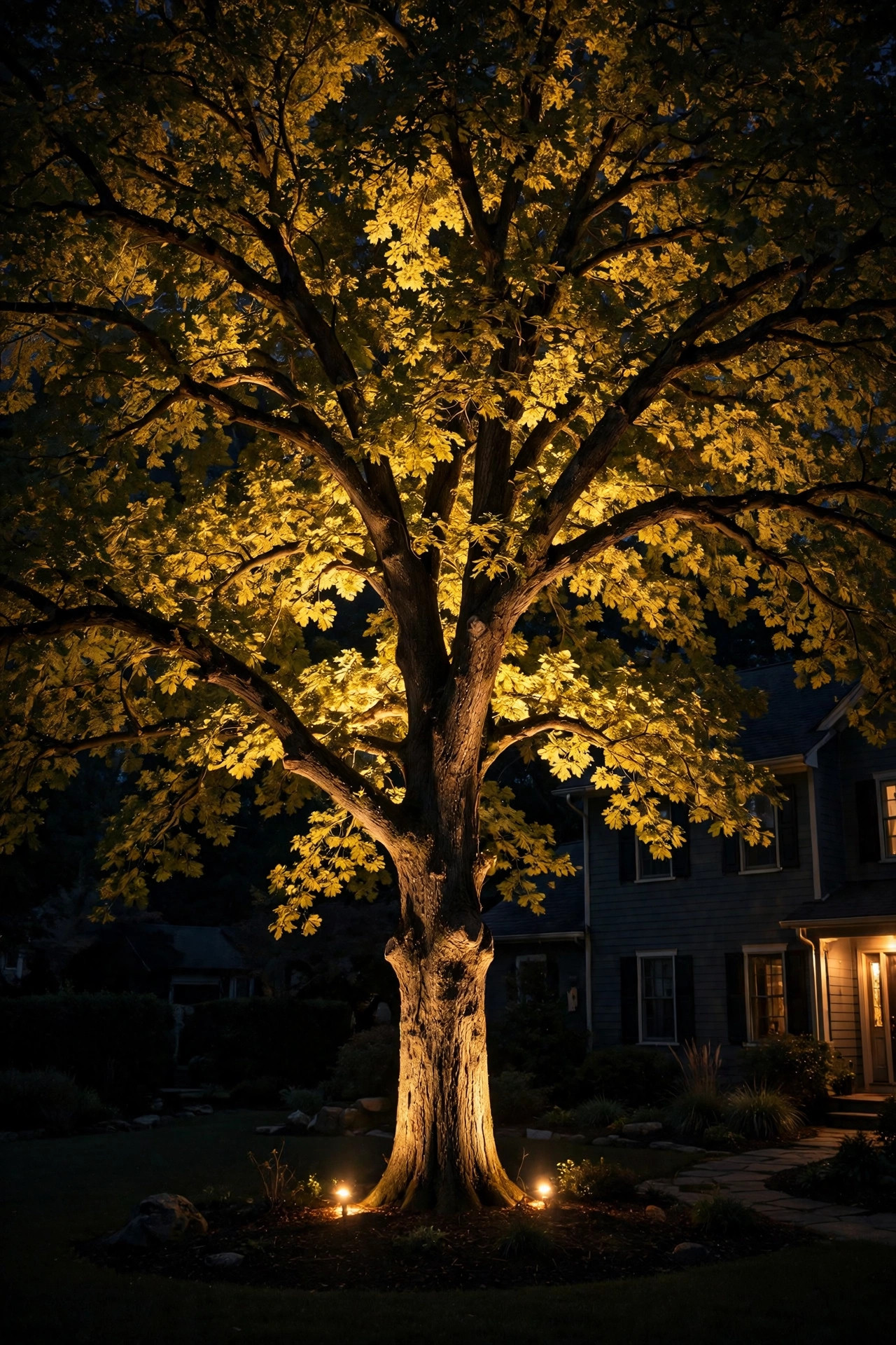 Mature tree uplighted at night in a dark front yard, warm light glowing through the canopy as a landmark