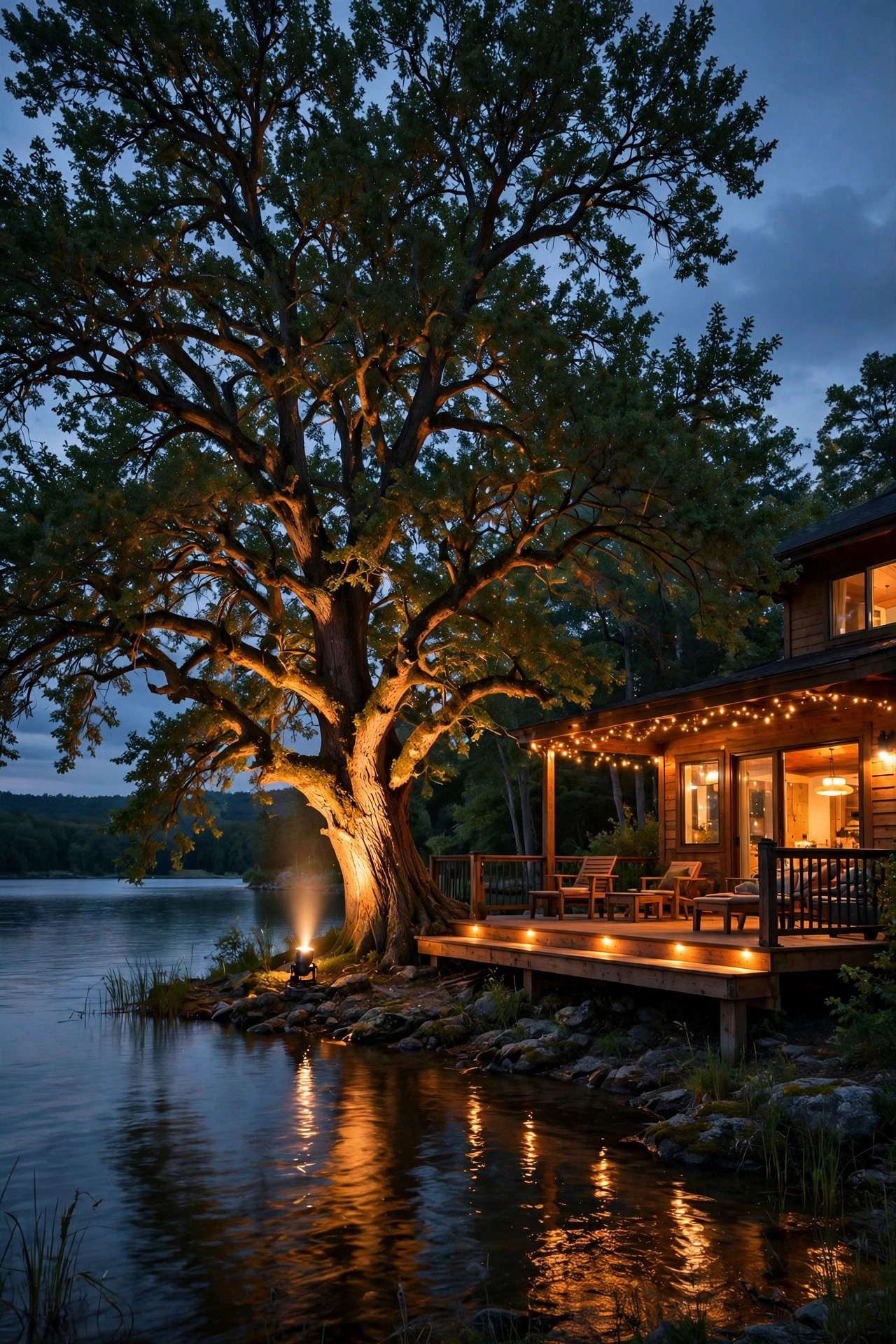 Large shoreline tree uplighted with a warm narrow-beam spotlight beside a glowing lake house deck