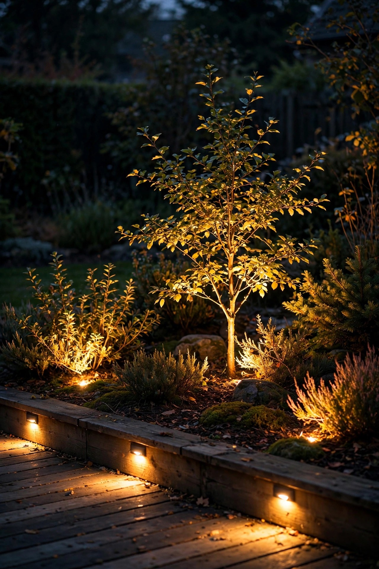 Uplights at the edge of a low deck washing a small tree and shrubs with warm light at night