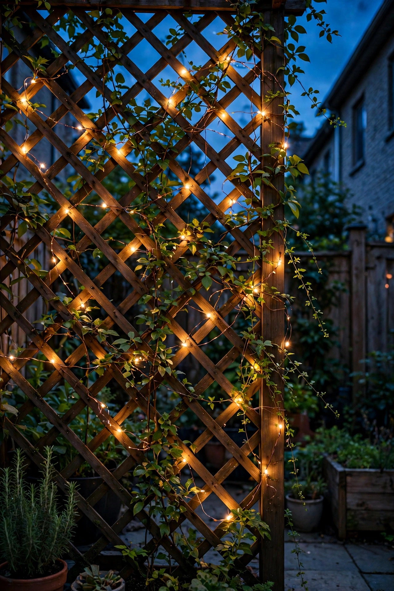 Copper-wire fairy lights woven through a privacy trellis with climbing greenery in a townhome backyard