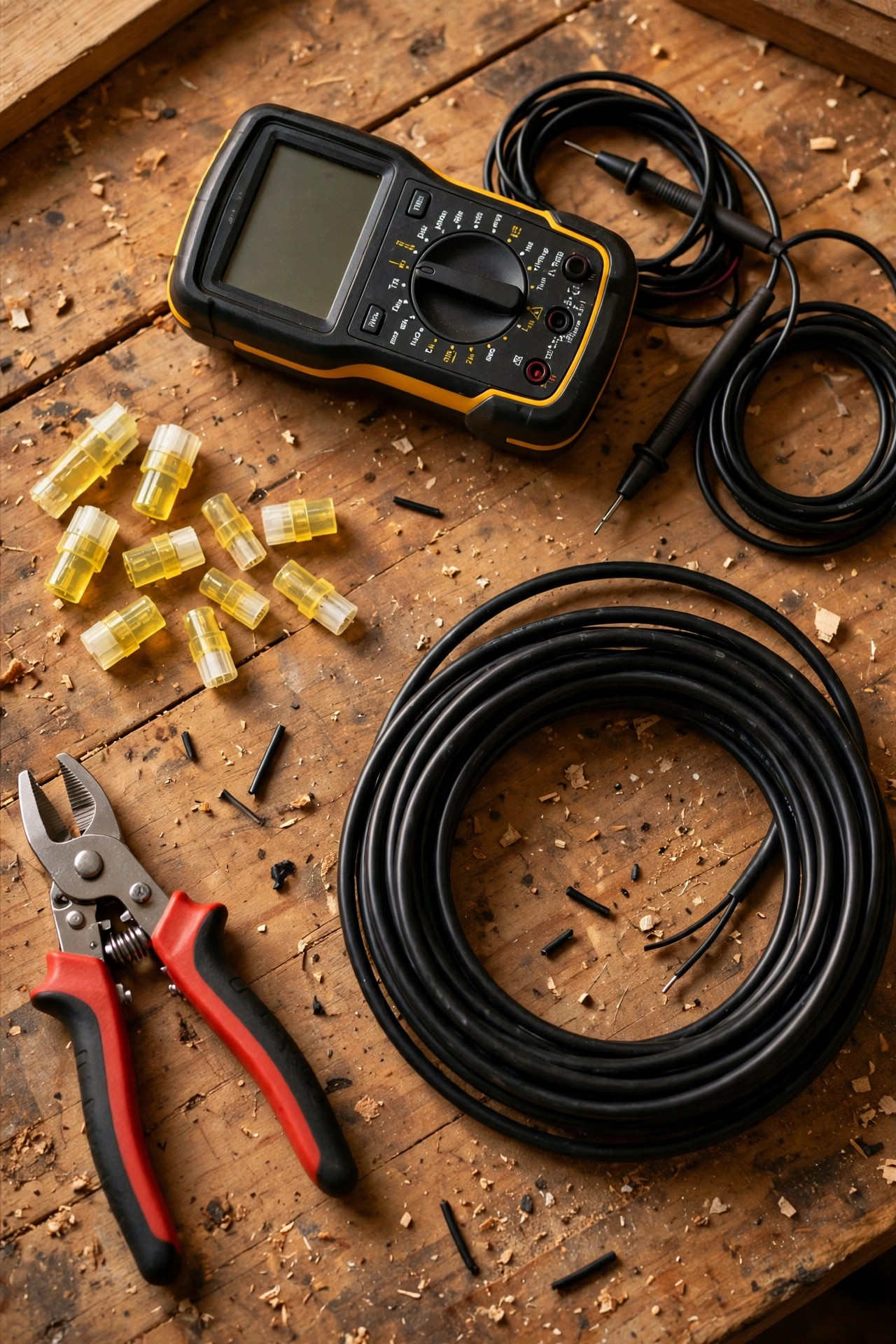 Flat lay of landscape lighting troubleshooting supplies on a workbench: multimeter, gel-filled connectors, cable strippers, and a coil of low-voltage cable in warm light