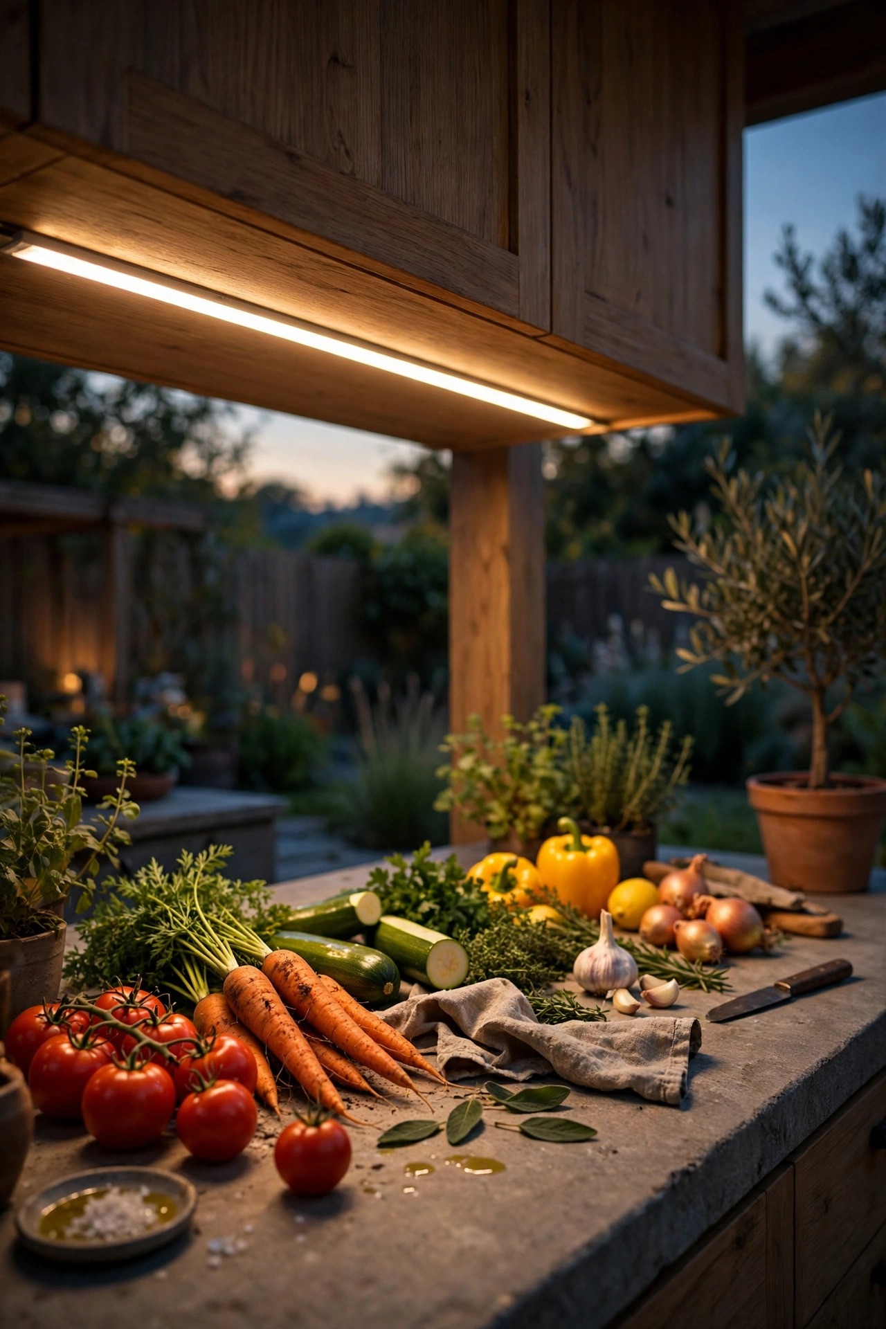 Tunable white under cabinet lighting showing crisp bright light over an outdoor prep counter with vegetables