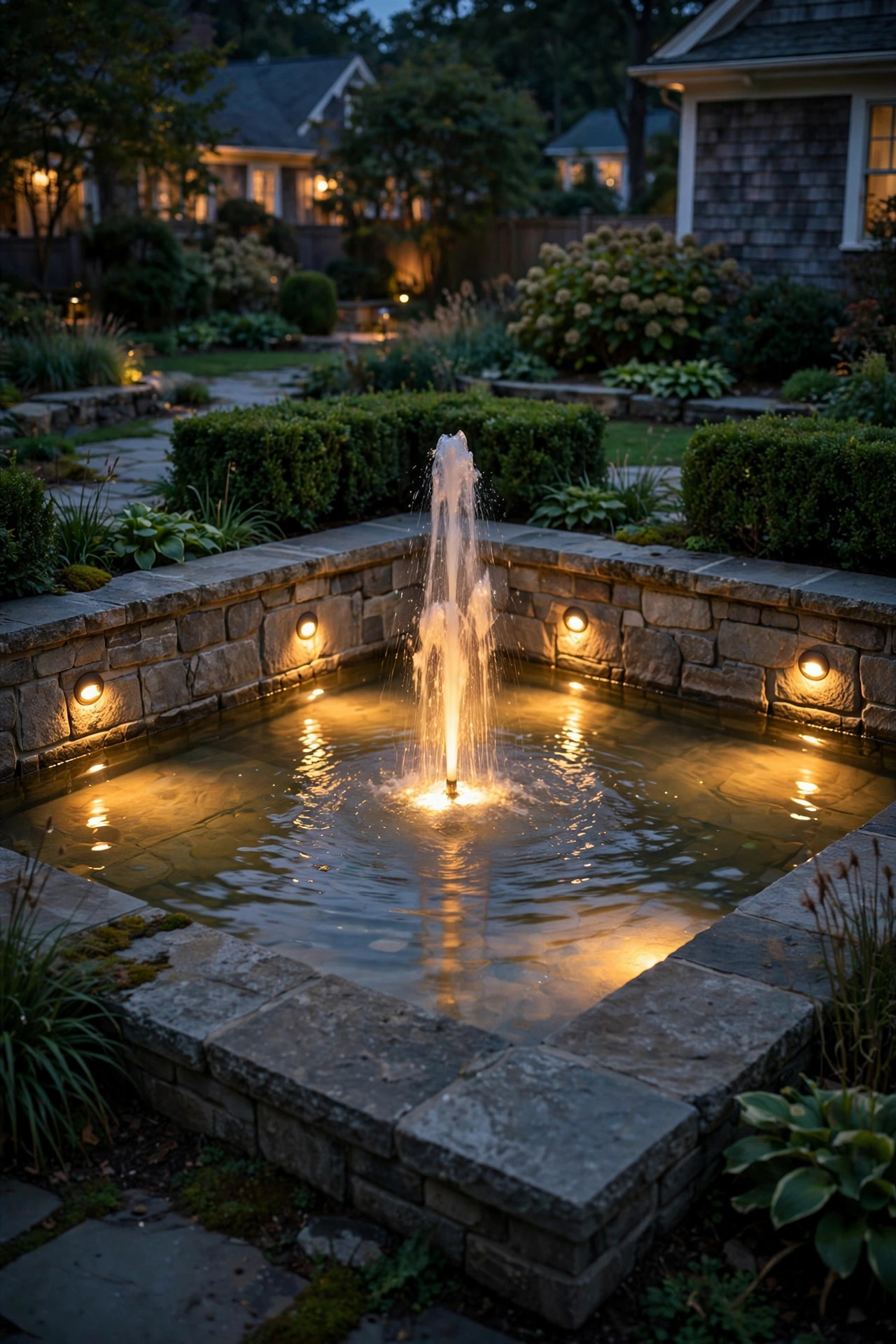 recessed underwater lights glowing in the walls of a fountain basin