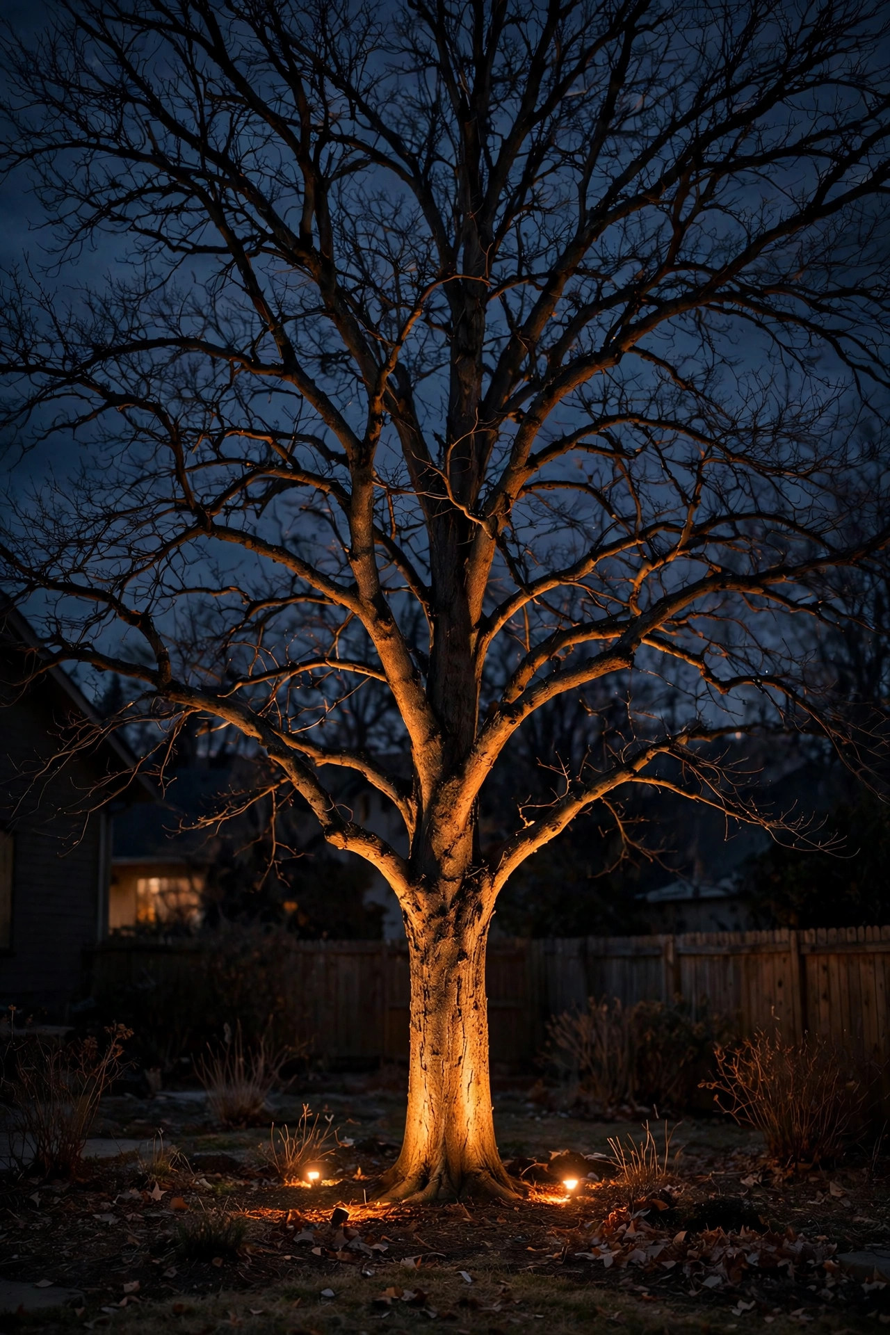 Bare winter tree in a backyard uplighted in warm amber light against a dark evening sky