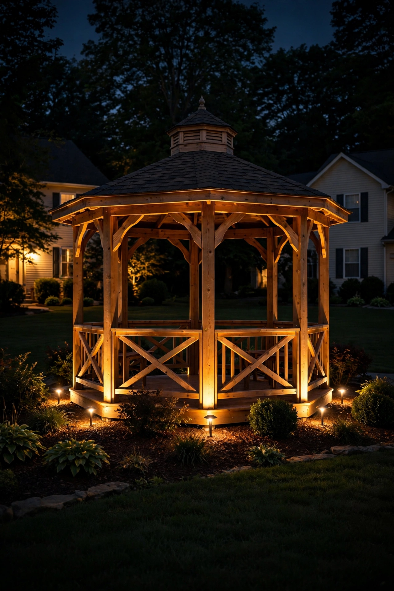Ground uplights washing a backyard gazebo with warm light from below at night