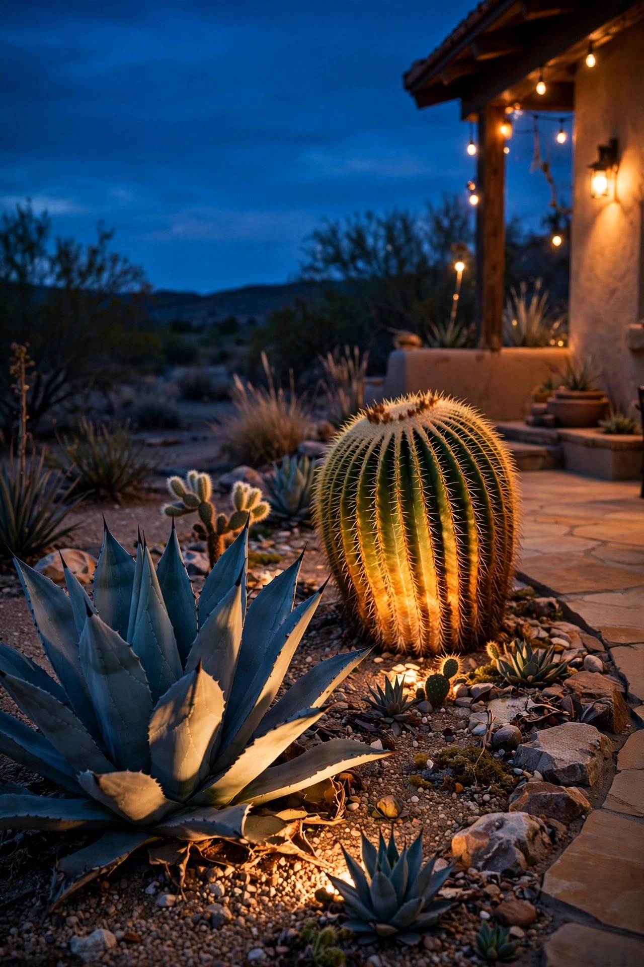Blue agave and barrel cactus uplighted at night in a gravel desert garden bed beside a patio