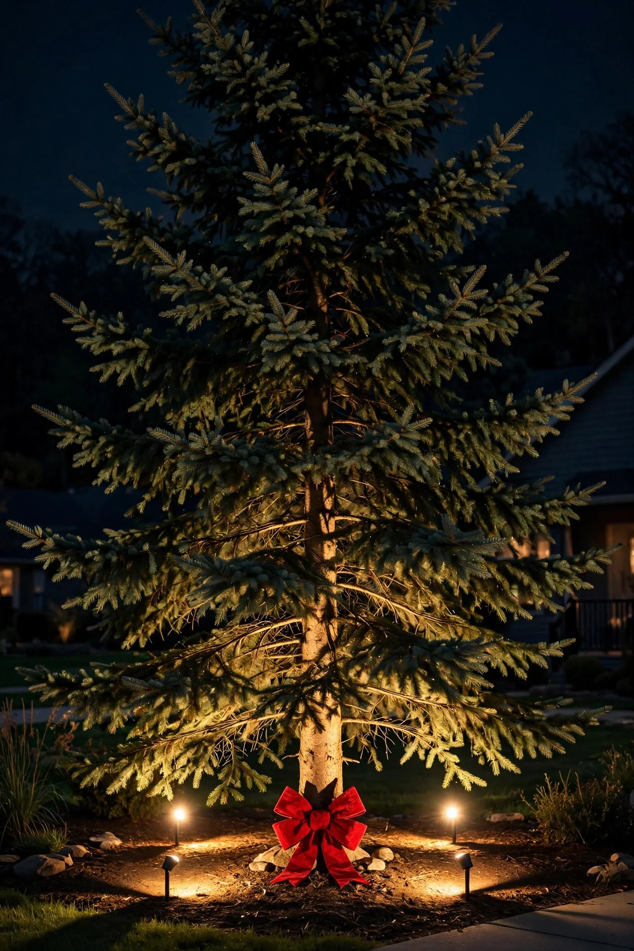 Tall evergreen tree dramatically uplit with warm spotlights in a front yard at night