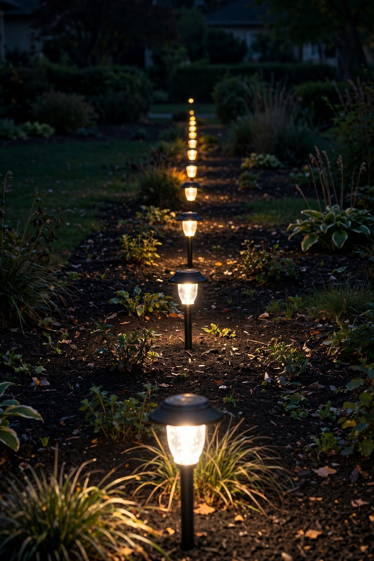 Row of landscape lights showing voltage drop — first fixture bright, last fixture dim and yellow