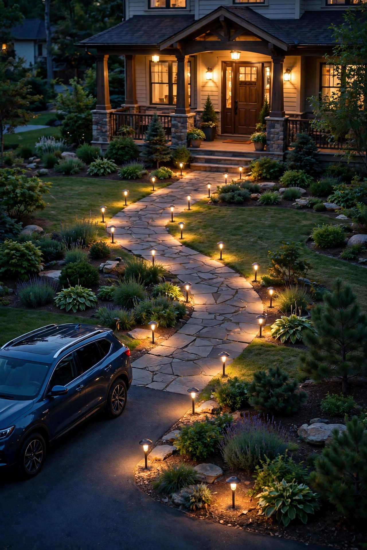 Front yard at dusk with a continuous thread of warm path lights leading from a parked car at the driveway across a stone walk to a glowing front porch and door