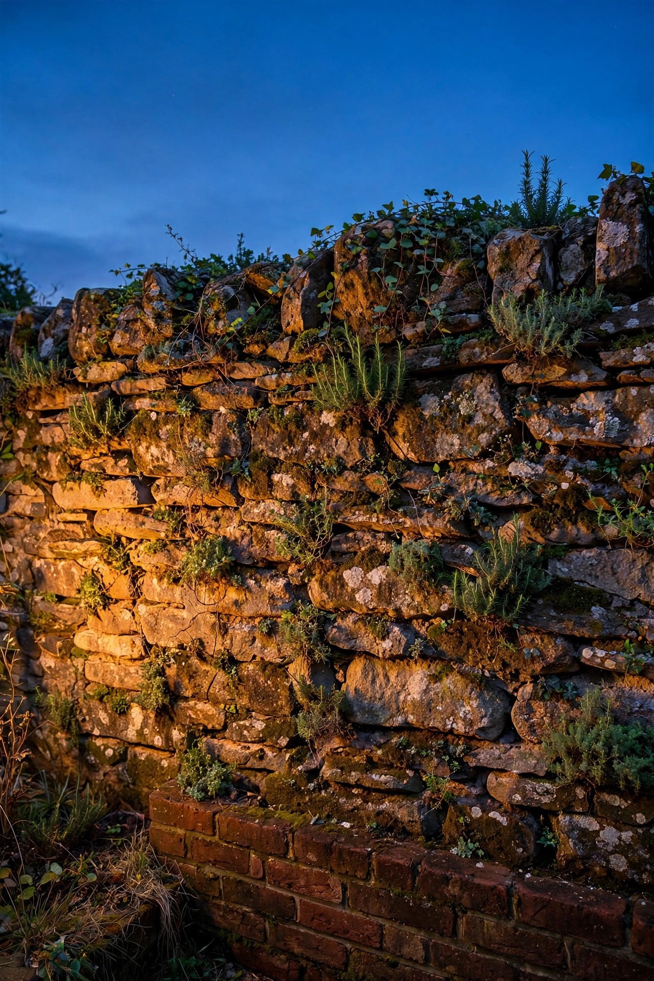 Warm light grazing across a traditional stone garden wall and brick foundation at dusk, highlighting the masonry texture
