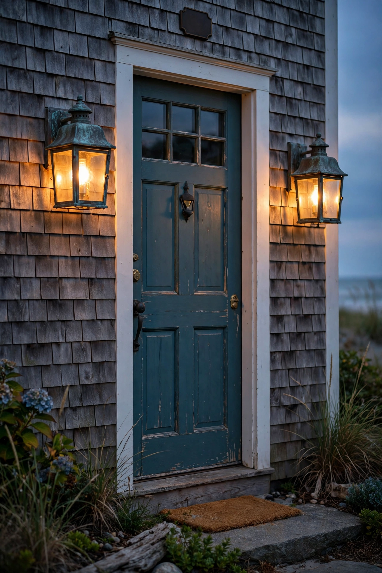Weathered bronze outdoor wall lanterns glowing beside a coastal front door at dusk