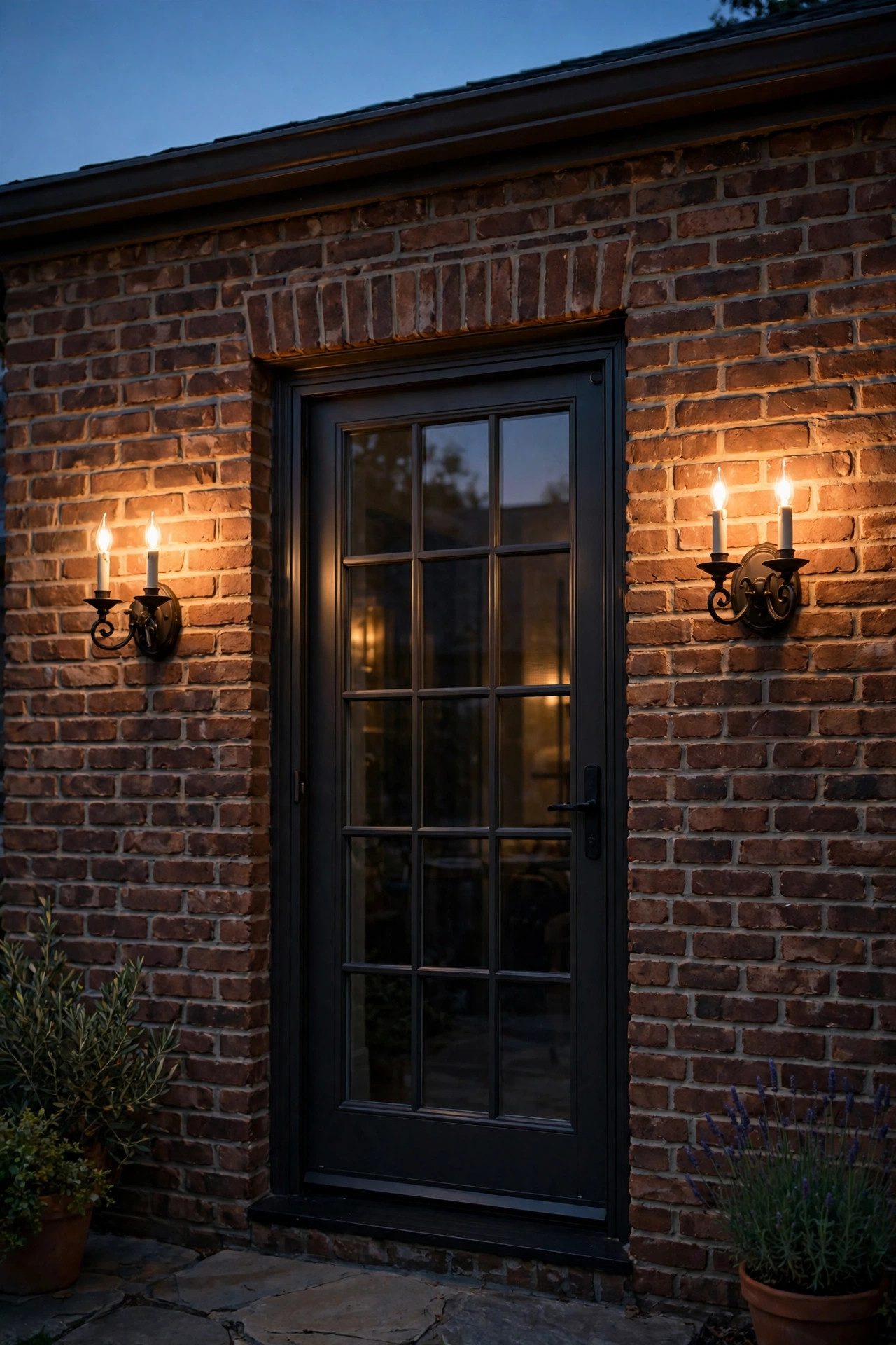 Downward wall sconces washing the brick facade of a condo courtyard with soft warm light at dusk