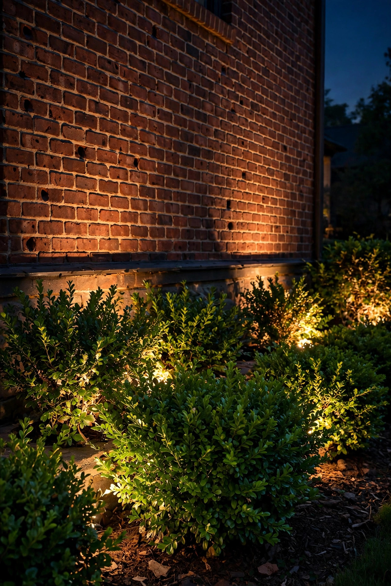 Lush green foundation shrubs glowing in rich warm 2700K light against a brick home exterior at night