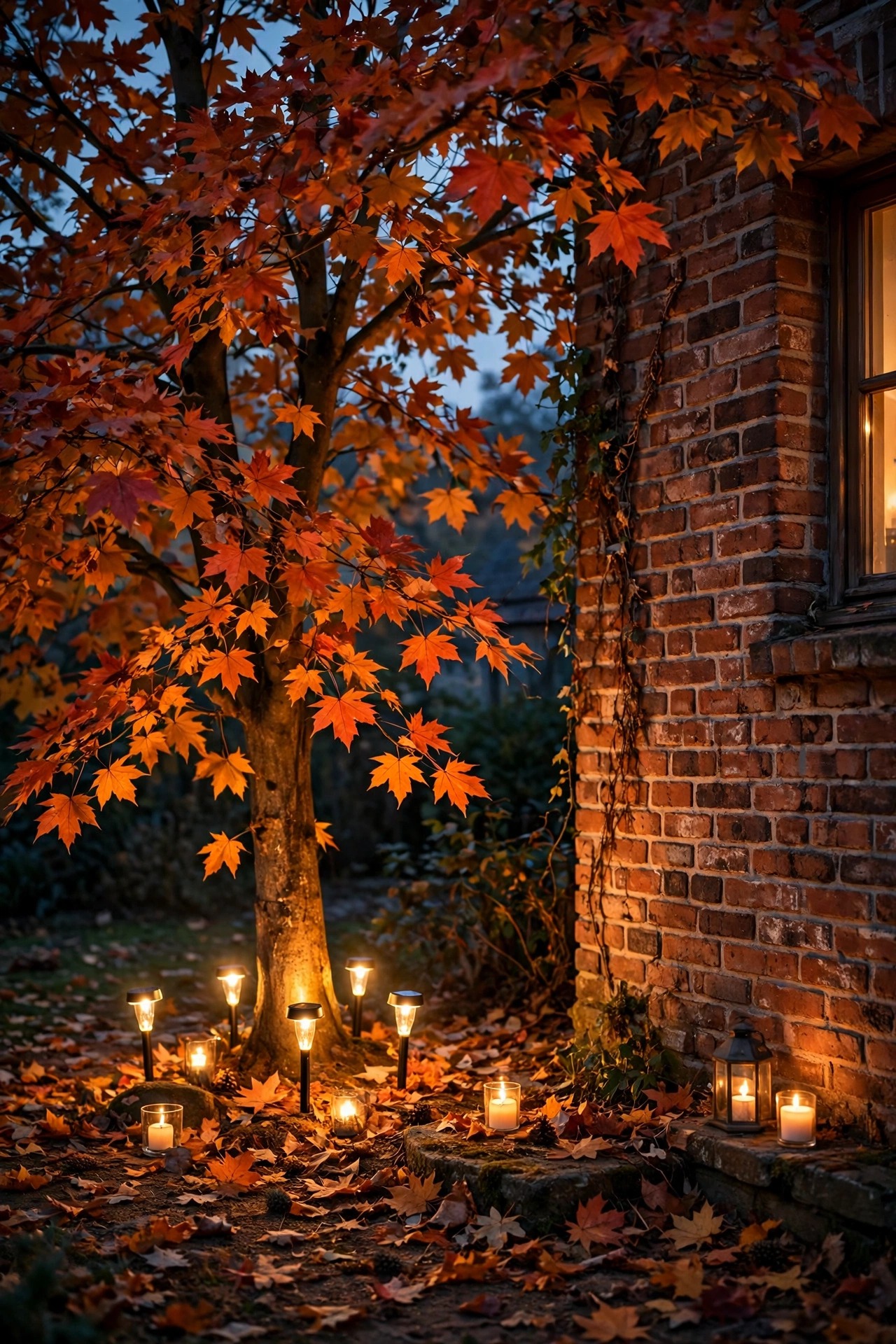 Photorealistic autumn evening scene with warm golden solar spotlights glowing under a maple tree with orange-red foliage beside a brick house wall, cozy candlelight tones throughout