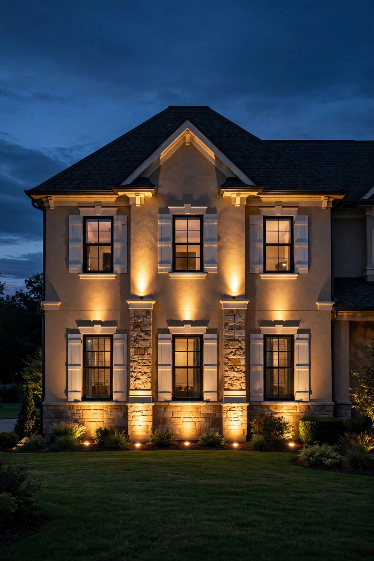 In ground well lights landscape washing warm light up a two-story house facade at night