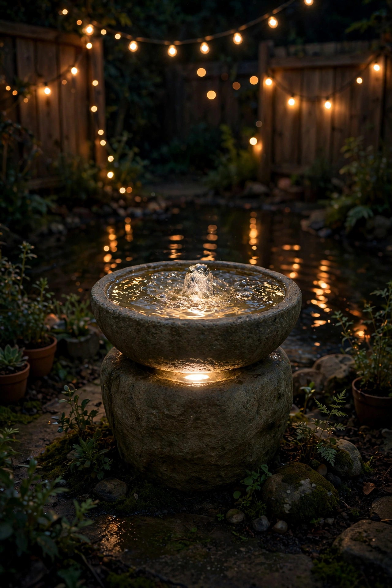 Small glowing water fountain at night reflecting warm lights and doubling the light in a tiny yard