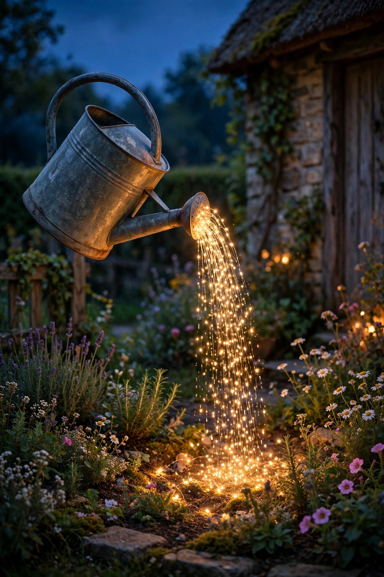 Vintage metal watering can pouring a cascade of warm fairy lights into a cottage flower bed