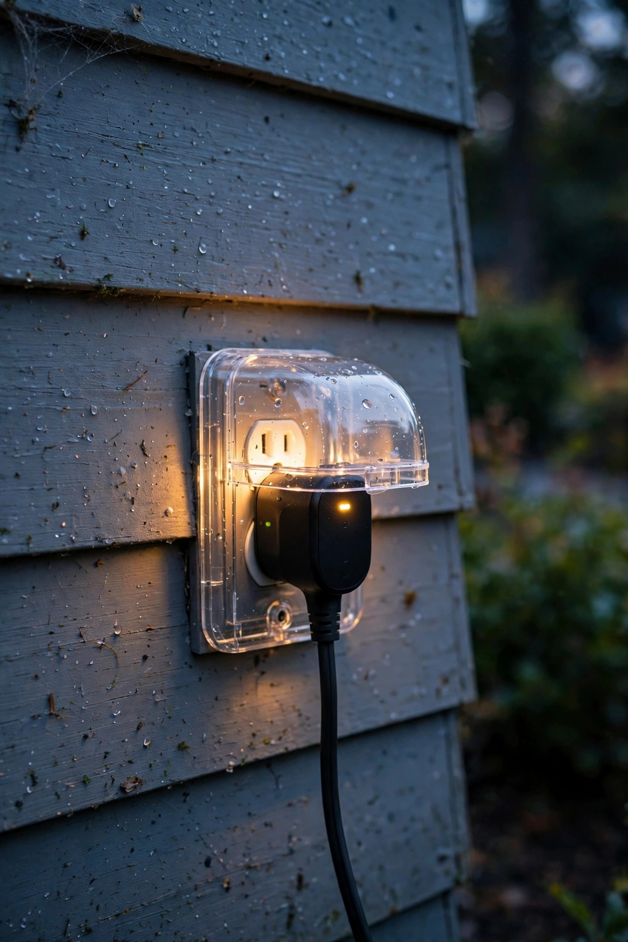 Weatherproof in-use outlet cover protecting an outdoor smart plug connection on a porch wall