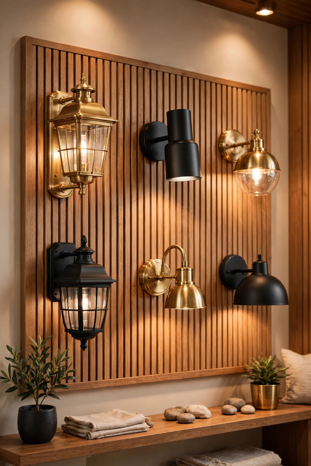 Display of wet-rated and damp-rated exterior wall fixtures in brass and matte black finishes, warm showroom glow